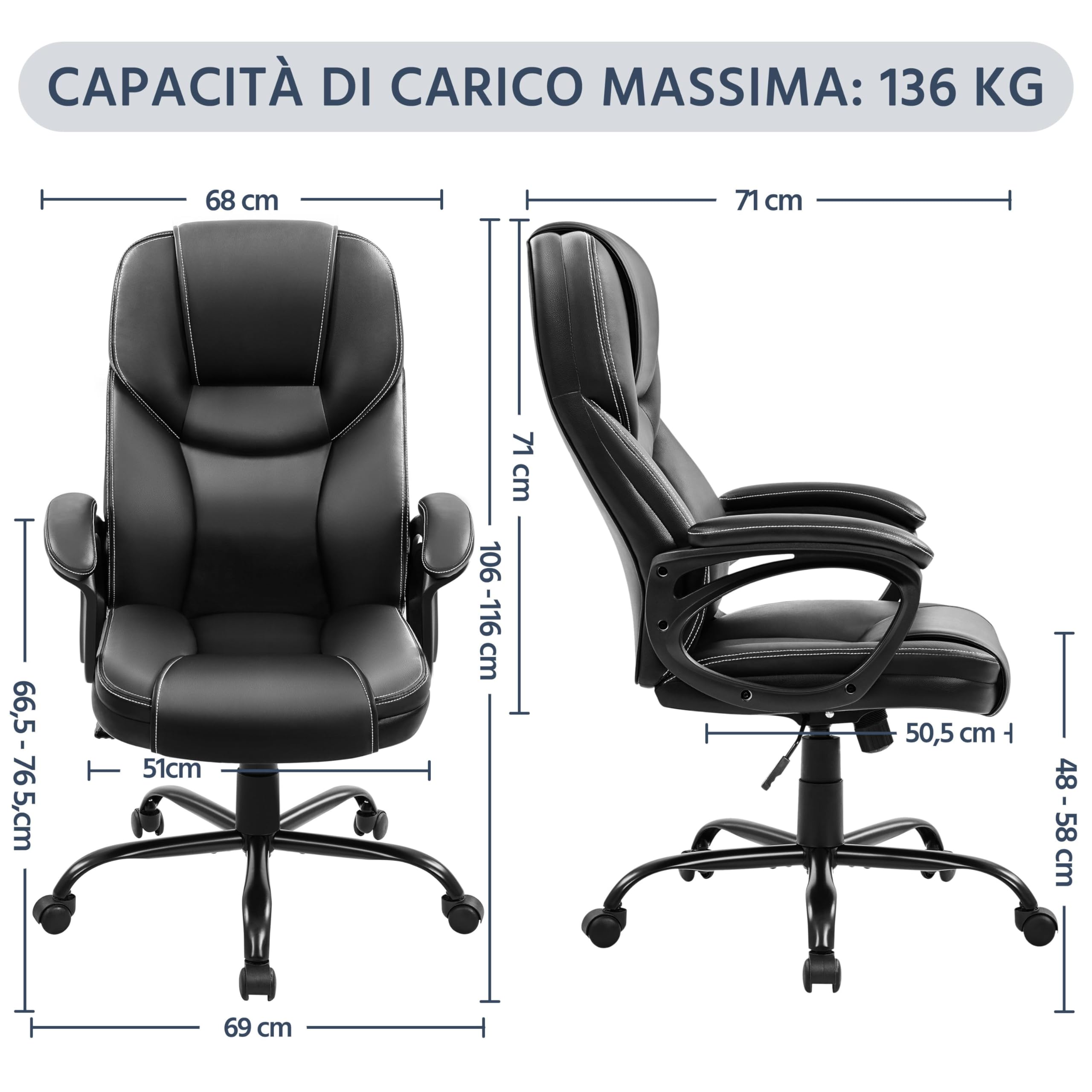 Yaheetech Sedia/Poltrona Ufficio Presidenziale Ergonomica in Finta Pelle Imbottita Sedia da Scrivania a Rotelle Girevole Reclinabile a Dondolo Altezza Regolbile Nera