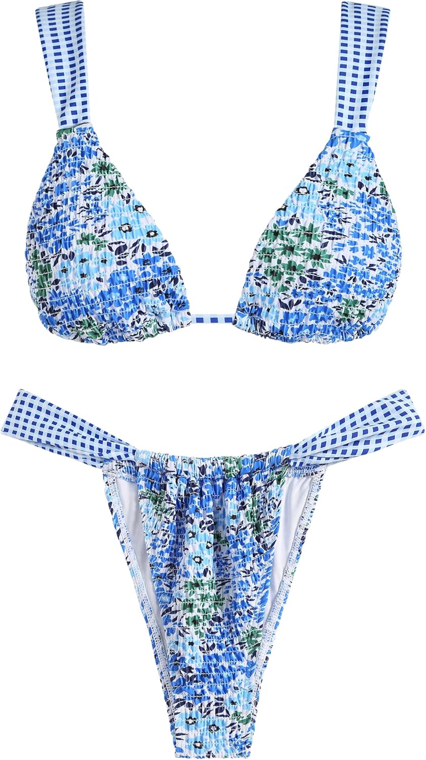 ZAFUL Women's 2 Piece Sexy Thong Triangle Bikini Sets Floral Print Swimsuit 2026 Summer Beach Grid Swim Cheeky Bathing Suit