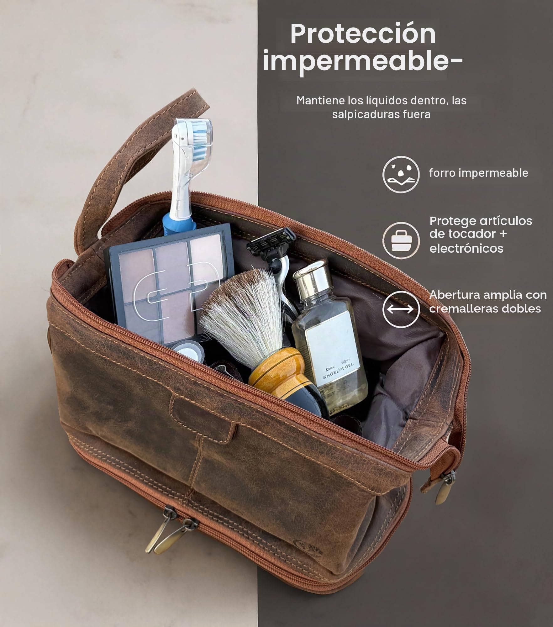 Neceser de Cuero para Hombres - Kit de Afeitado de Viaje - Organizador de artículos de tocador para Ducha de baño - Neceser de Maquillaje para Mujeres de Rustic Town