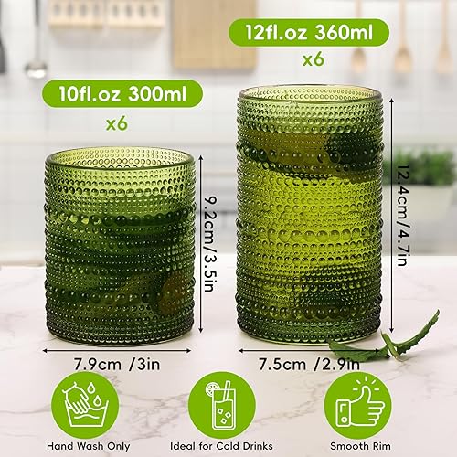 Miniatura 2 de Moretoes Hobnail - Juego de 12 vasos altos de 12 onzas y vasos de cóctel de 10 onzas, vasos de vidrio boho en relieve verde para cocina, bar, juego