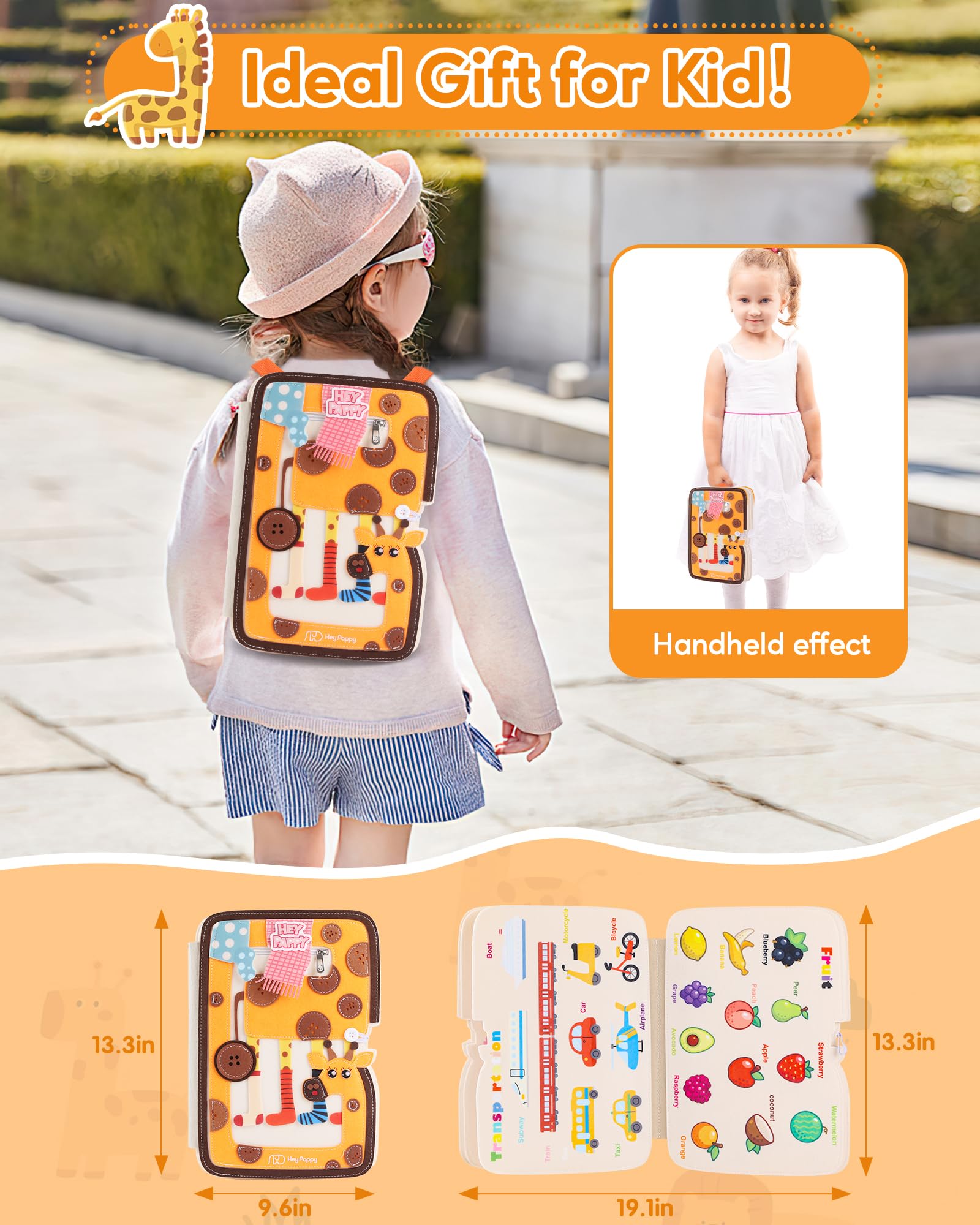 Heypappy Busy Board,12 in 1 Montessori Busy Board Feltro,Montessori Didattici Libro Sensoriale Educativo, Giocattolo per Abilità Motorie con Cintura Zaino Regalo Bambino Compleanno Natale