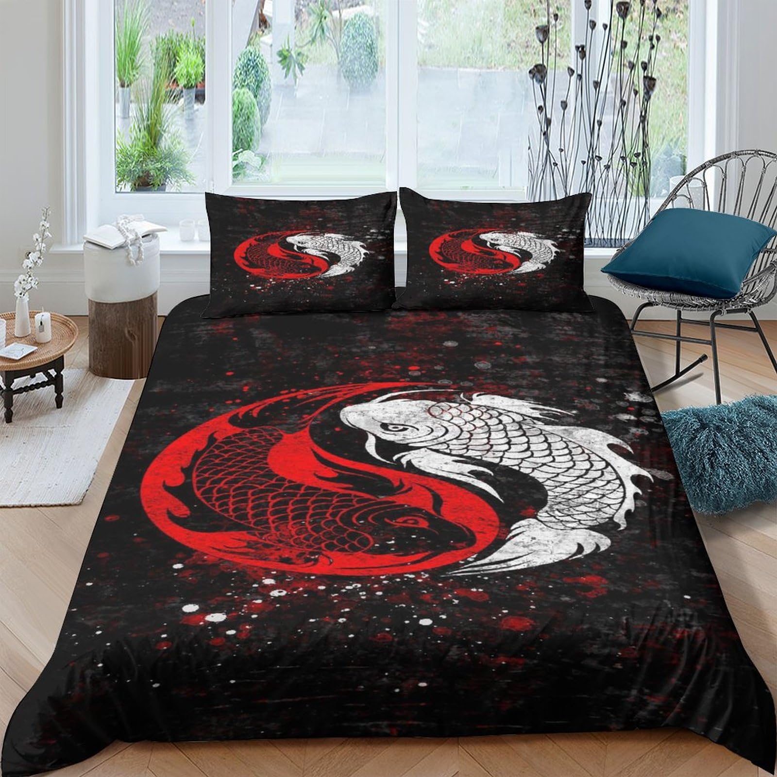 Housse de couette style japonais poisson koi 3d microfibre lit king 220x240 cm