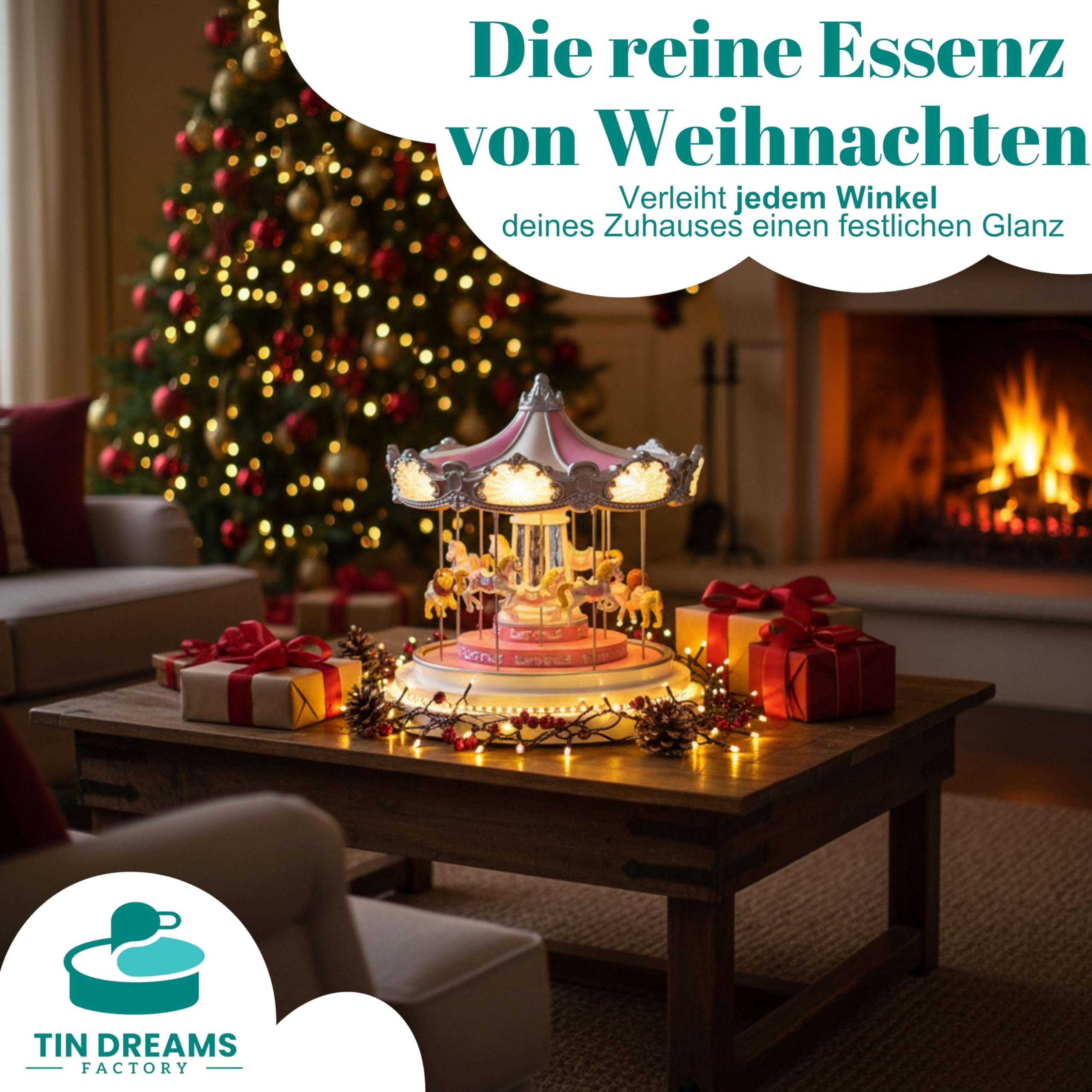 TIN Dreams | Großes Weihnachtskarussell mit Bewegung, Musik und LED-Lichtern | Musikalisches Karussell | Weihnachtsdorf, Miniaturdorf, Beleuchtete animierte Szene | Weihnachtsdeko Inner