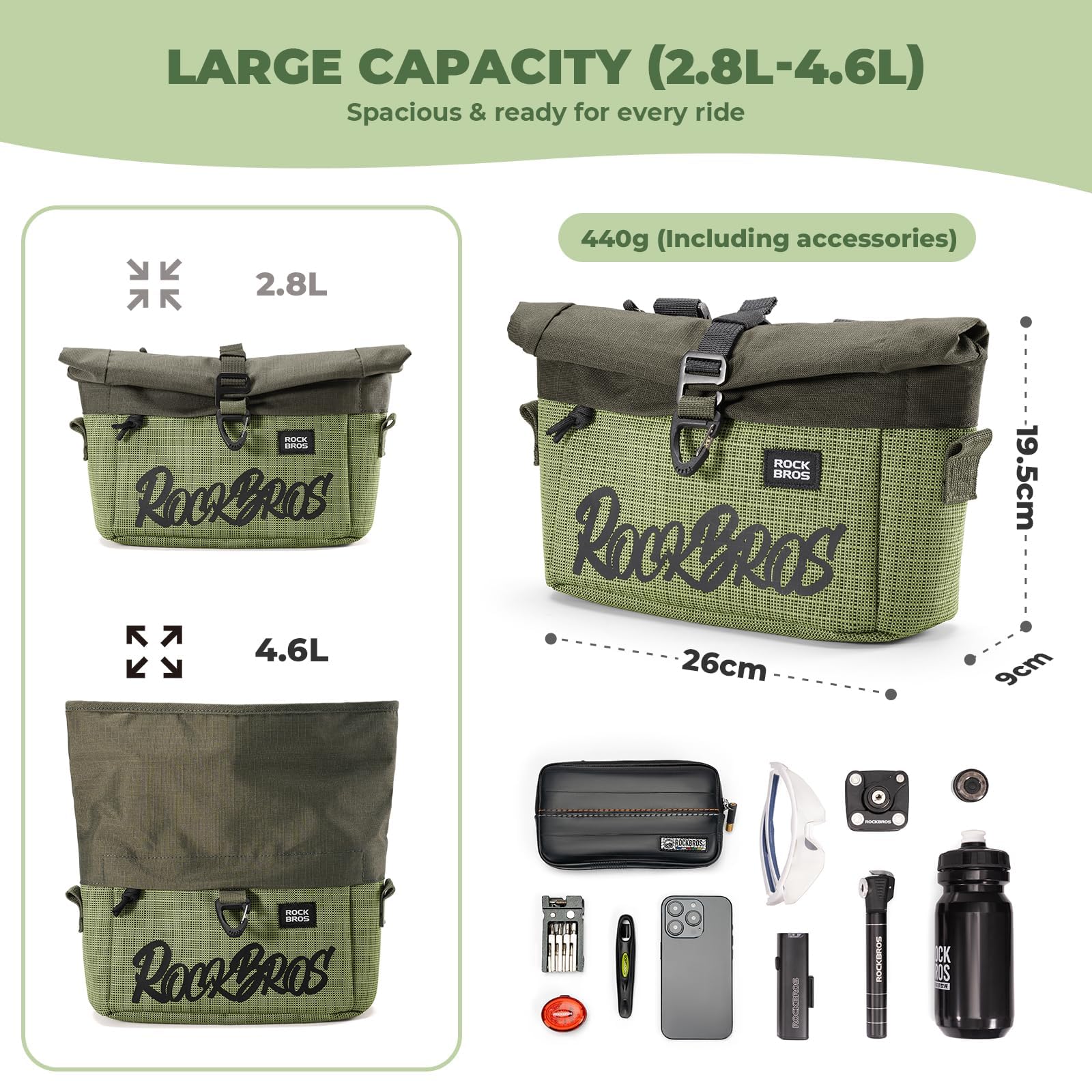 ROCKBROS Borsa da Manubrio per Bici Pieghevole Brompton e Bicicletta con Manubrio Piatto, Capacità Espandibile 2.8-4.6L Roll-Top, Borsa a Tracolla Regolabile Anti-usura e Stabile per Commute Ciclismo