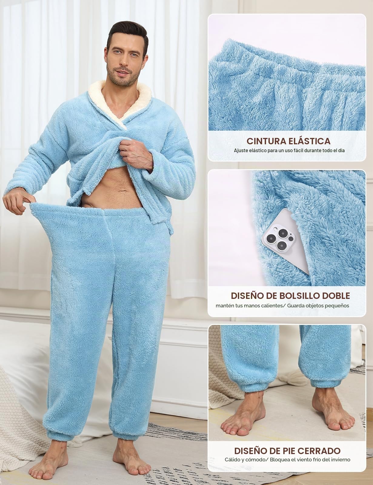 TOMEEK Pijama Hombre Invierno Largo Pijama Cálido Pantalones de Pijamas Hombre Conjunto de 2 Piezas Felpa Ropa de Estar por Casa Regalo