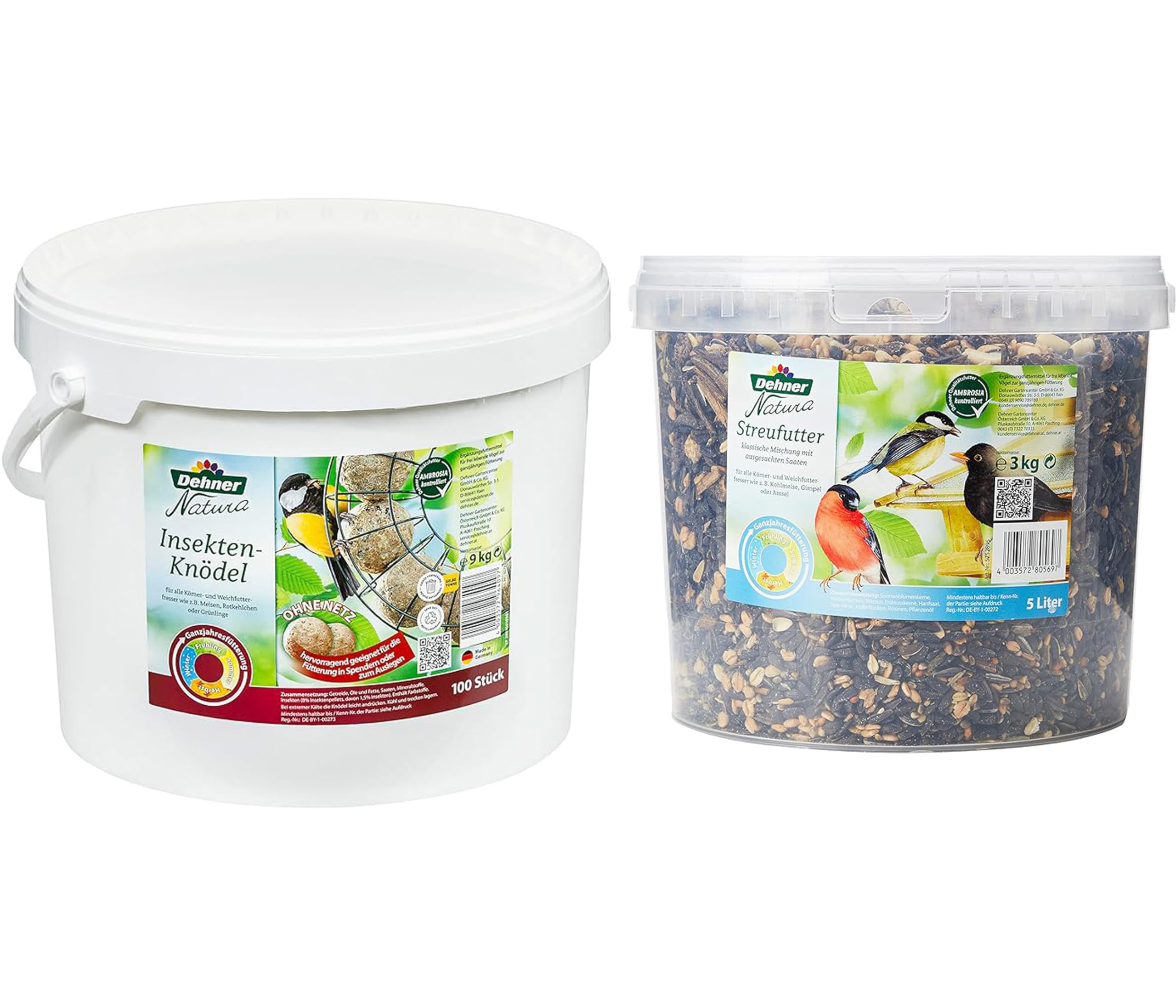 Dehner Natura Wildvogelfutter, Insekten-Knödel, ohne Netz, 100 Stück (10 kg) & Natura Wildvogelfutter, Streufutter im Eimer, 3 kg