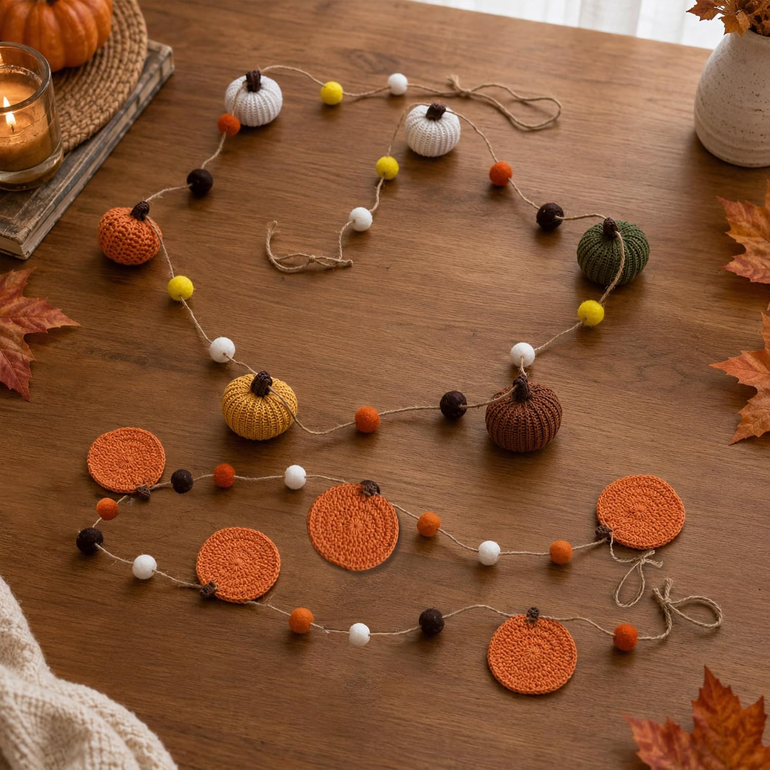 Pumpkin Garland Fall Decor, 2Pcs Cozy Autumn Fabric Garlands, Handmade Knitted & Crocheted Pumpkins with Felt Balls for Mantel, Fireplace, Wall, Room, Office, Indoor Harvest Thanksgiving Decorations