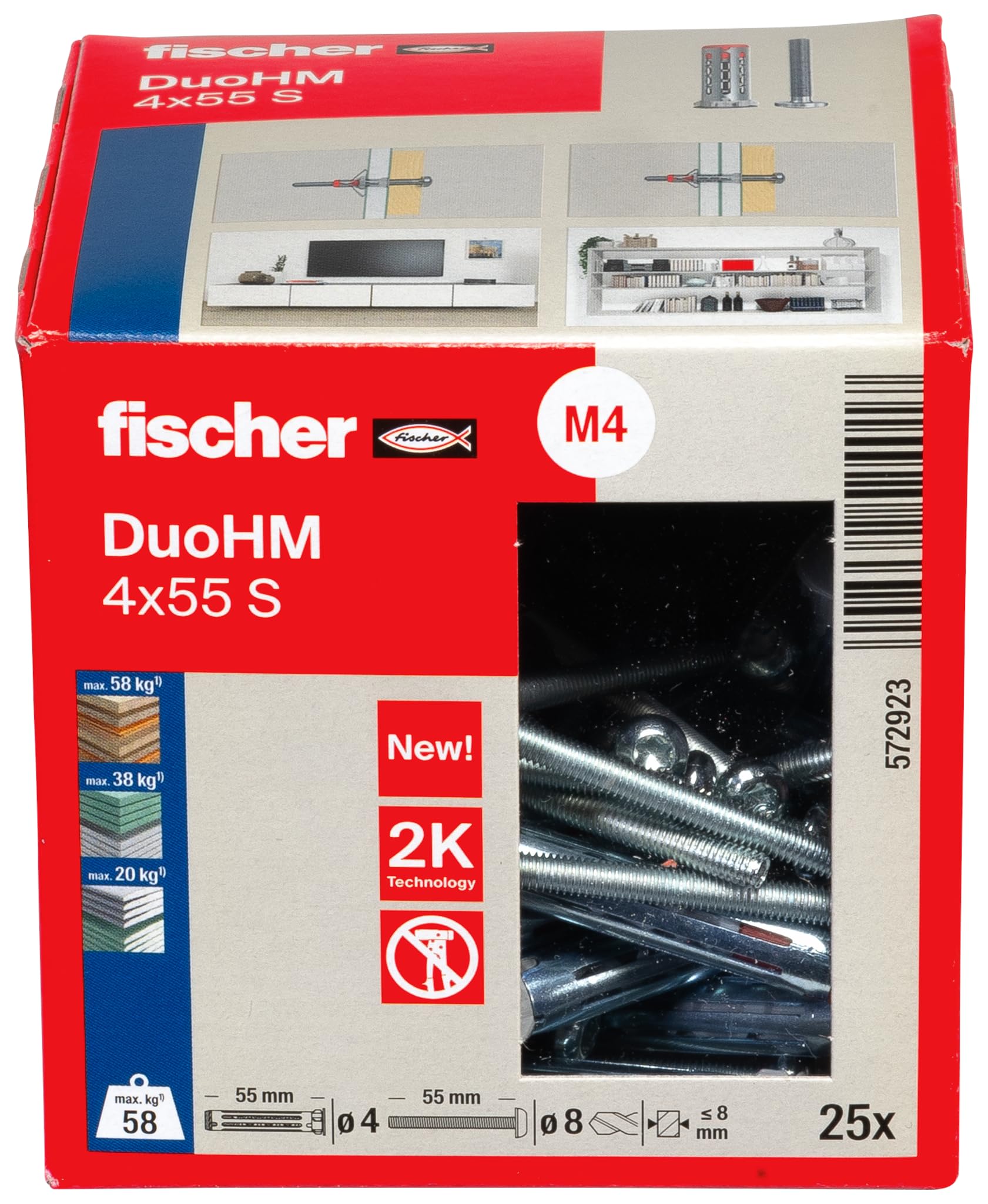 fischer DuoHM 4 x 55 S TX Cavity Dowels with Metric Panhead Screw and TX Drive for Fixing TV Brackets Lights, Wall Shelves - Image 2