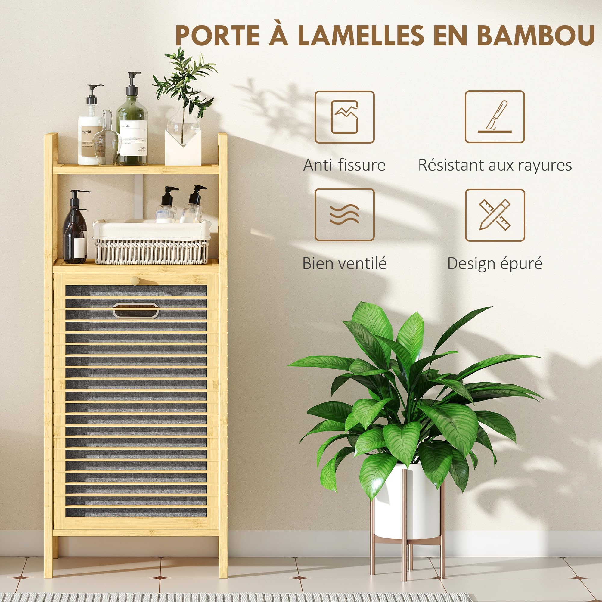 HOMCOM Meuble de Rangement à Linge en Bambou, Meuble de Salle de Bain avec étagère, Panier à Linge basculant, Porte à Lattes et Sac de Rangement Amovible, 40 x 30 x 95 cm, Effet Bois Naturel
