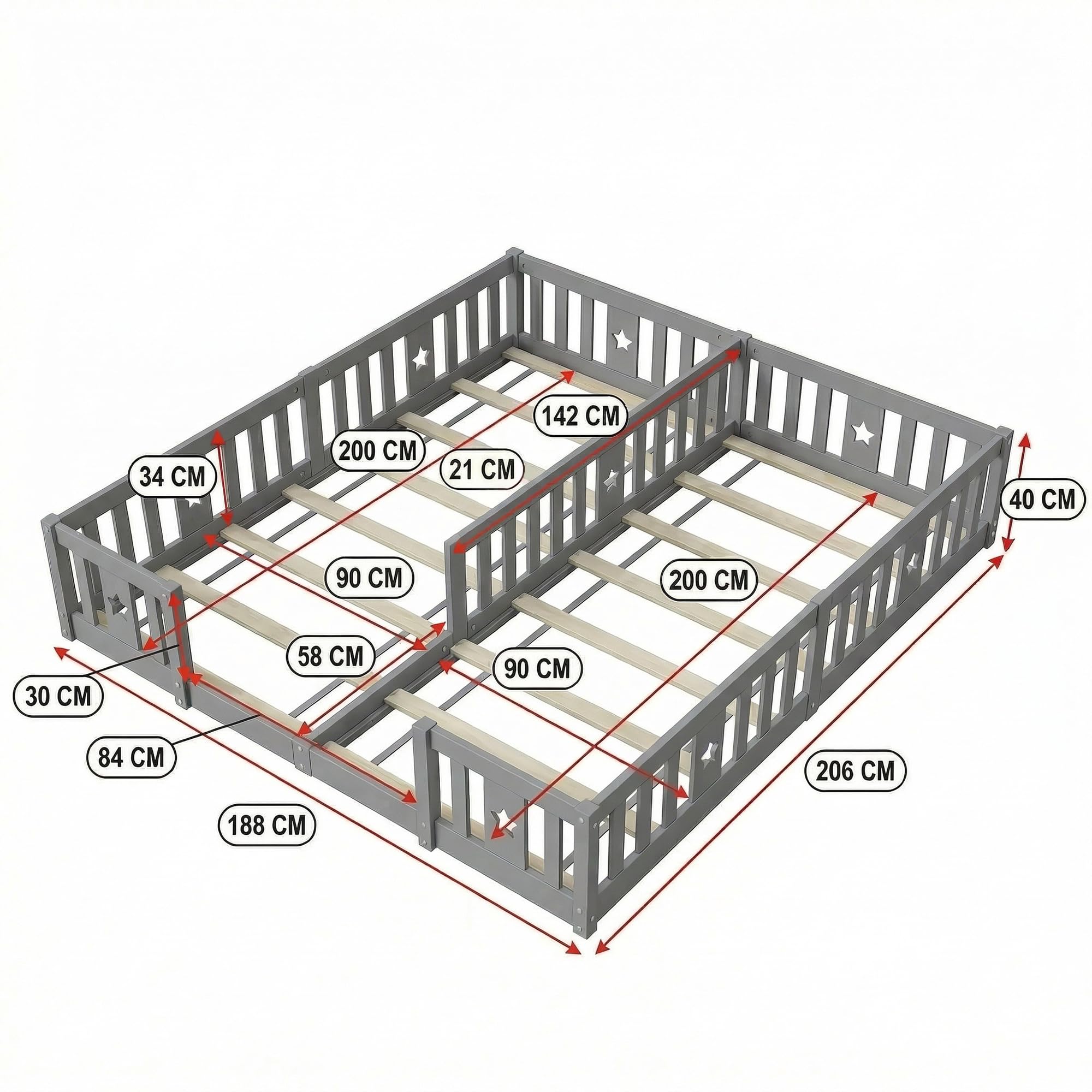 Lit Montessori Enfant au Sol 90x200 cm avec Barrières,Lit Combiné 2 Places Applicable Cela Enfants S'exercer Debout,Idéal pour Famille/Jumeaux,Gris(avec sommier à Lattes)