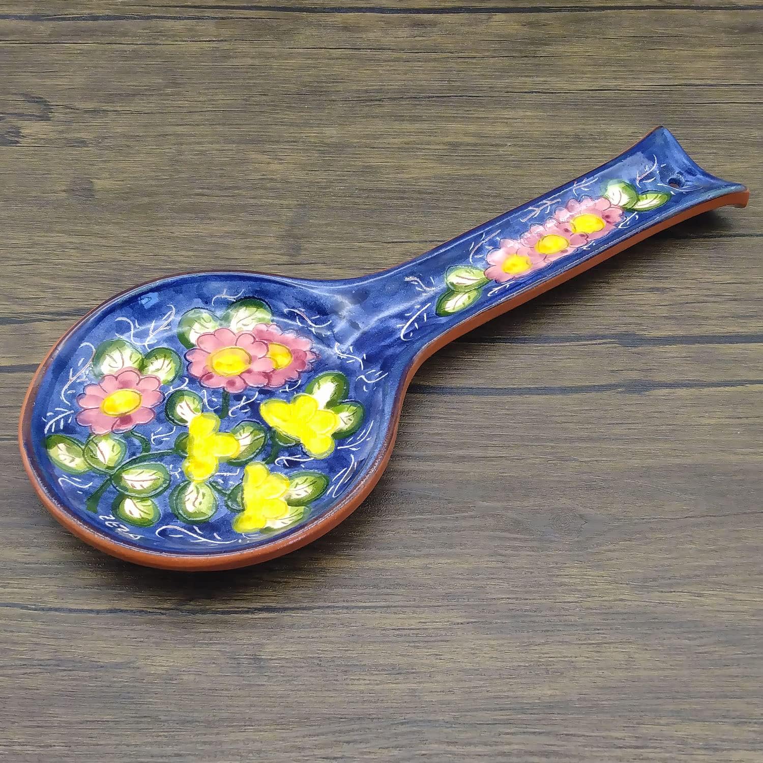 Handmade Hand Painted Portuguese Pottery Ceramic Spoon Rest (Floral), 11'' x 4.75'' x 0.5'' inches