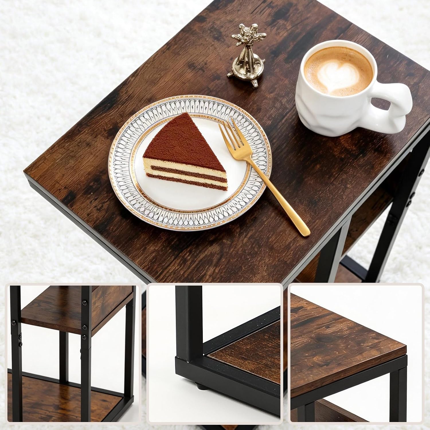 King Oasis 3 Tier Side Table, Brown C-Shaped End Table with Open Storage Shelves and Metal Frame, Small Industrial Bedside Table with Adjustable Feet for Living Room, Bedroom, Small Spaces