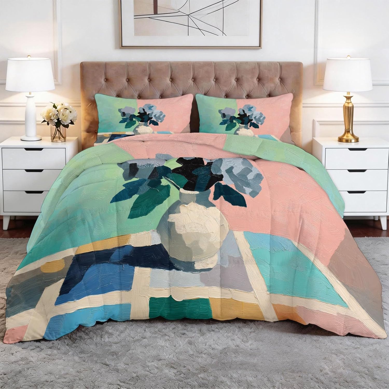 Oriental Plants Leaves Sun King Summer Comforter Set 104 x 90 in, Ink Wash Painting Lightweight Duvet - Skin-Friendly Breathable Quilt Printed Bedding for Boys Girls, Easy Care Soft All Season Quilt