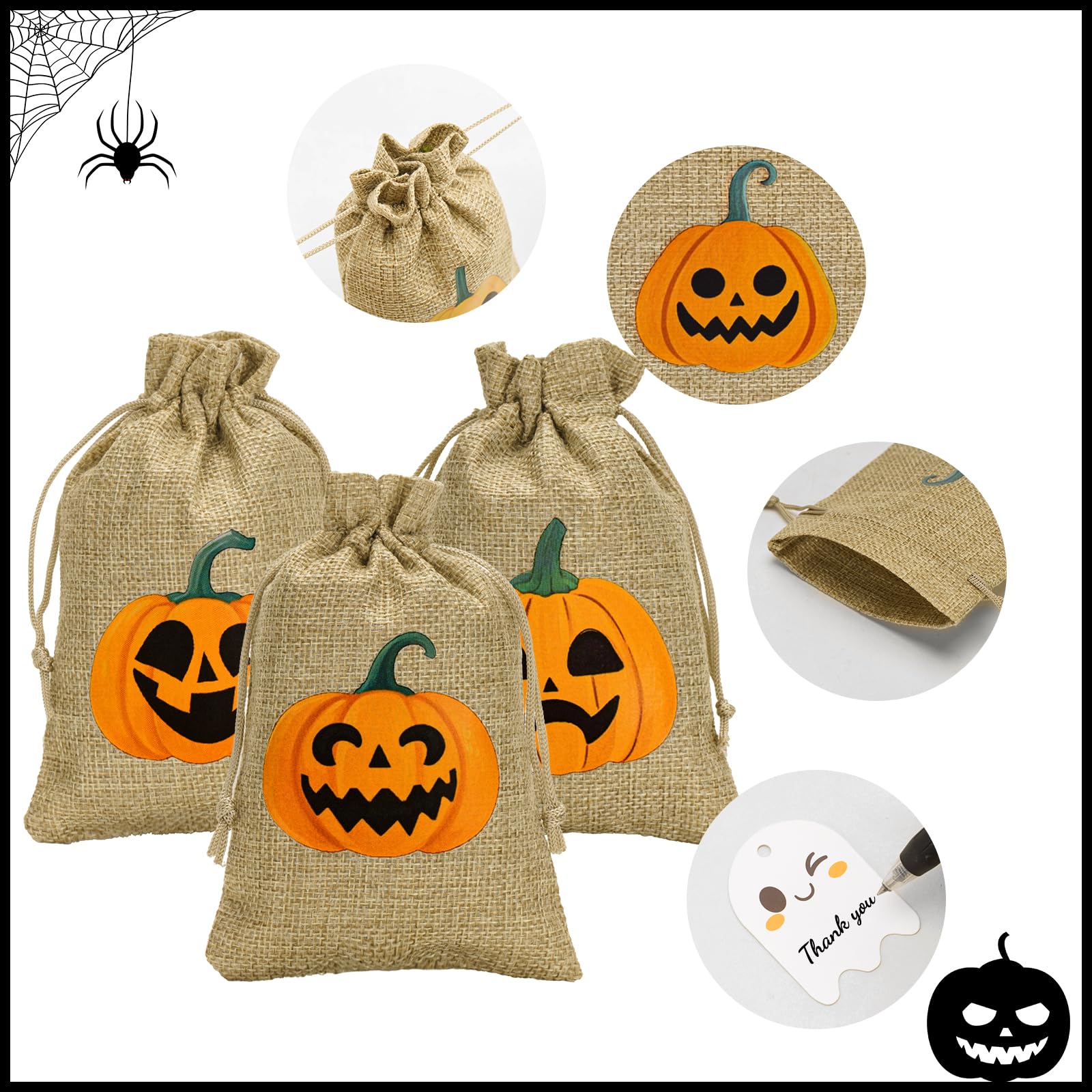 G2PLUS 24PCS Halloween Burlap Gift Bags, 10x15cm Treat Bags with Ghost Tags, Pumpkin, 10 x 15 cm - Image 4