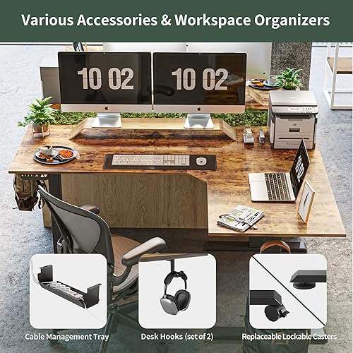 Miniatura 5 de FEZIBO Escritorio de pie en forma de L de triple motor de 75 pulgadas, reversible, escritorio eléctrico de altura ajustable, estación de trabajo