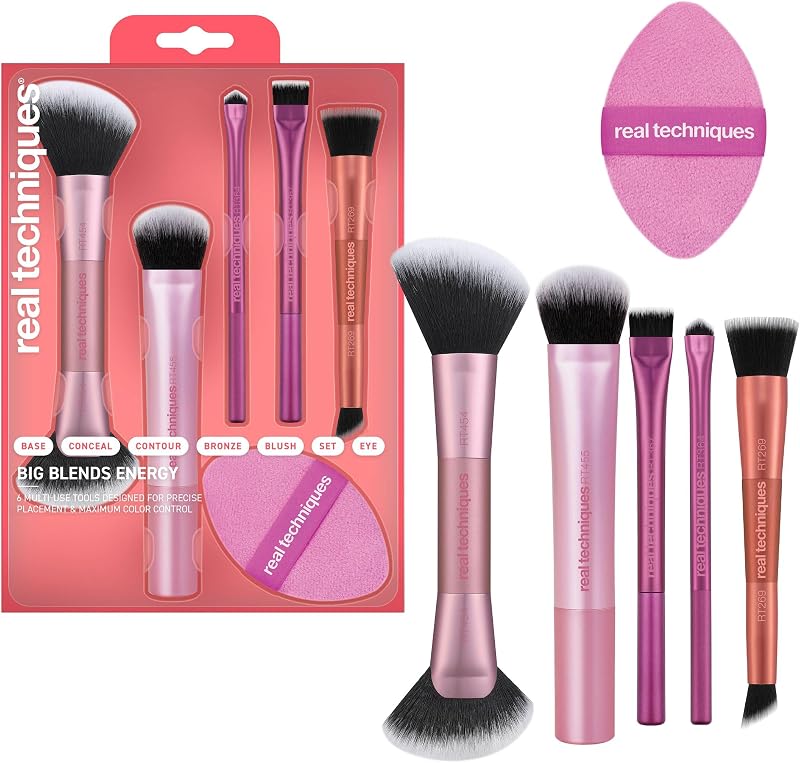 Big Blends Energy Brush + Dual-Sided Puff Kit, 6-Piece Set | Makeup brushes set with dual-sided puff kit, 2-in-1 powder puff, ultra-soft synthetic bristles for makeup blending