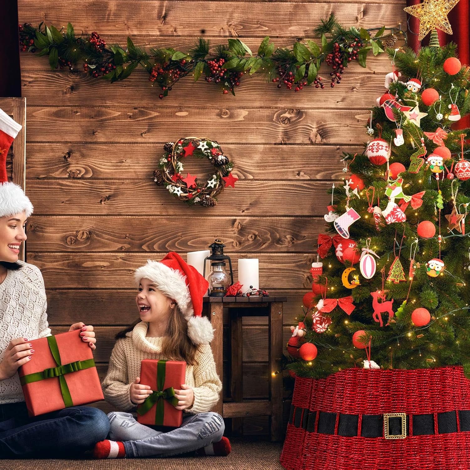 Poen Rattan Red Christmas Tree Collar for Artificial Trees 23.6 Inch Christmas Santa's Belt Tree Basket Base Collar Farmhouse Wicker Skirt Cover for Rustic Party Decoration