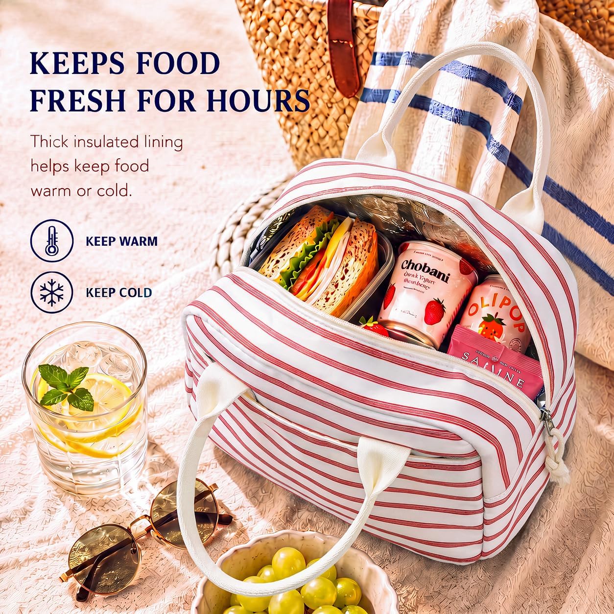 LOVELYWIND Lunch Box for Women, Insulated Lunch Bag, Pink Stripe Tote image 4