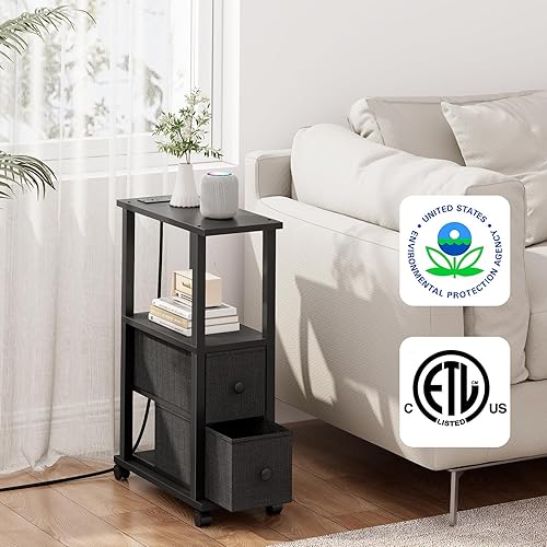 Miniatura 4 de TUTOTAK Mesas pequeñas estrechas, mesas auxiliares con 2 cajones de tela, juego de 2, mesitas de noche con estación de carga para espacios pequeños,