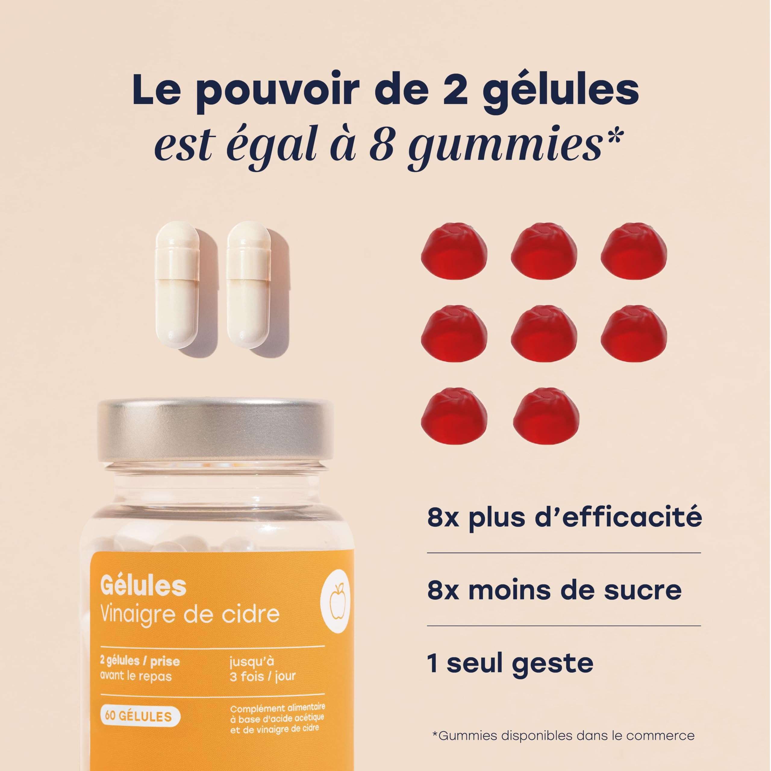 Archie, Pack Gélules Vinaigre de Cidre Biologique, avec Acide Acétique - Naturel, vegan, sans gluten, sans sucre. Cure de 3 mois. 180 capsules. Made in France.