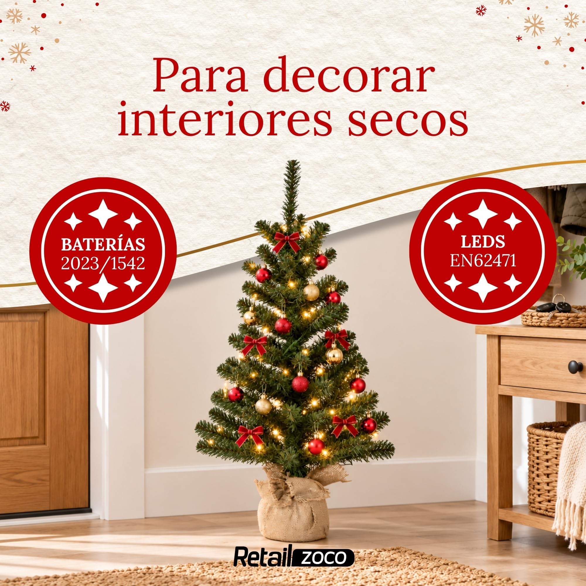 Mini Árbol de Navidad Iluminado 75 cm, 35 LED Cálidos y Base de Yute - imagen 5