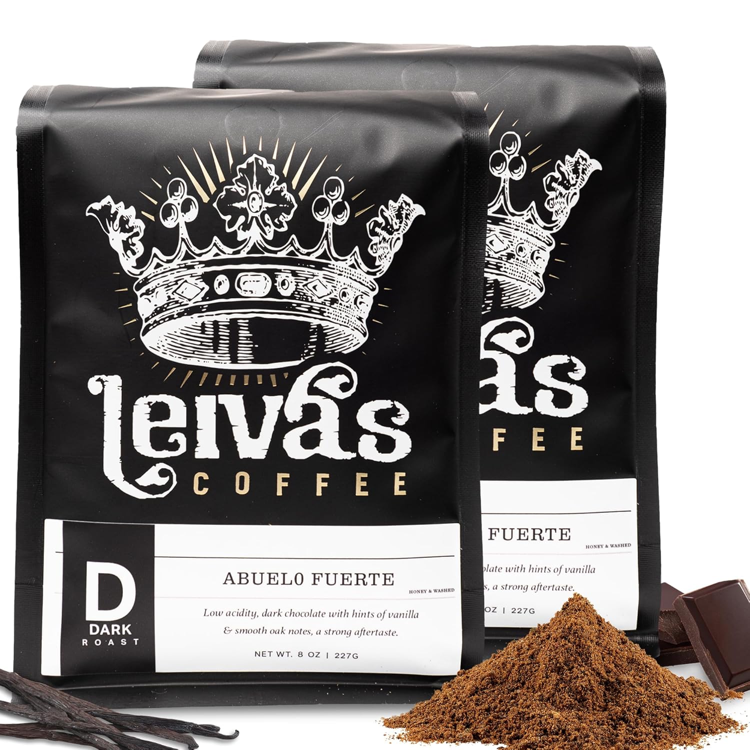 Leiva’s Dark Roast Ground Coffee (8 Oz) – Small Batch Roasted Guatemalan Beans – Abuelo Fuerte Coffee Grounds w/Chocolate & Caramel Notes – Dark Roast for Drip & French Press Brews (2 Pack)