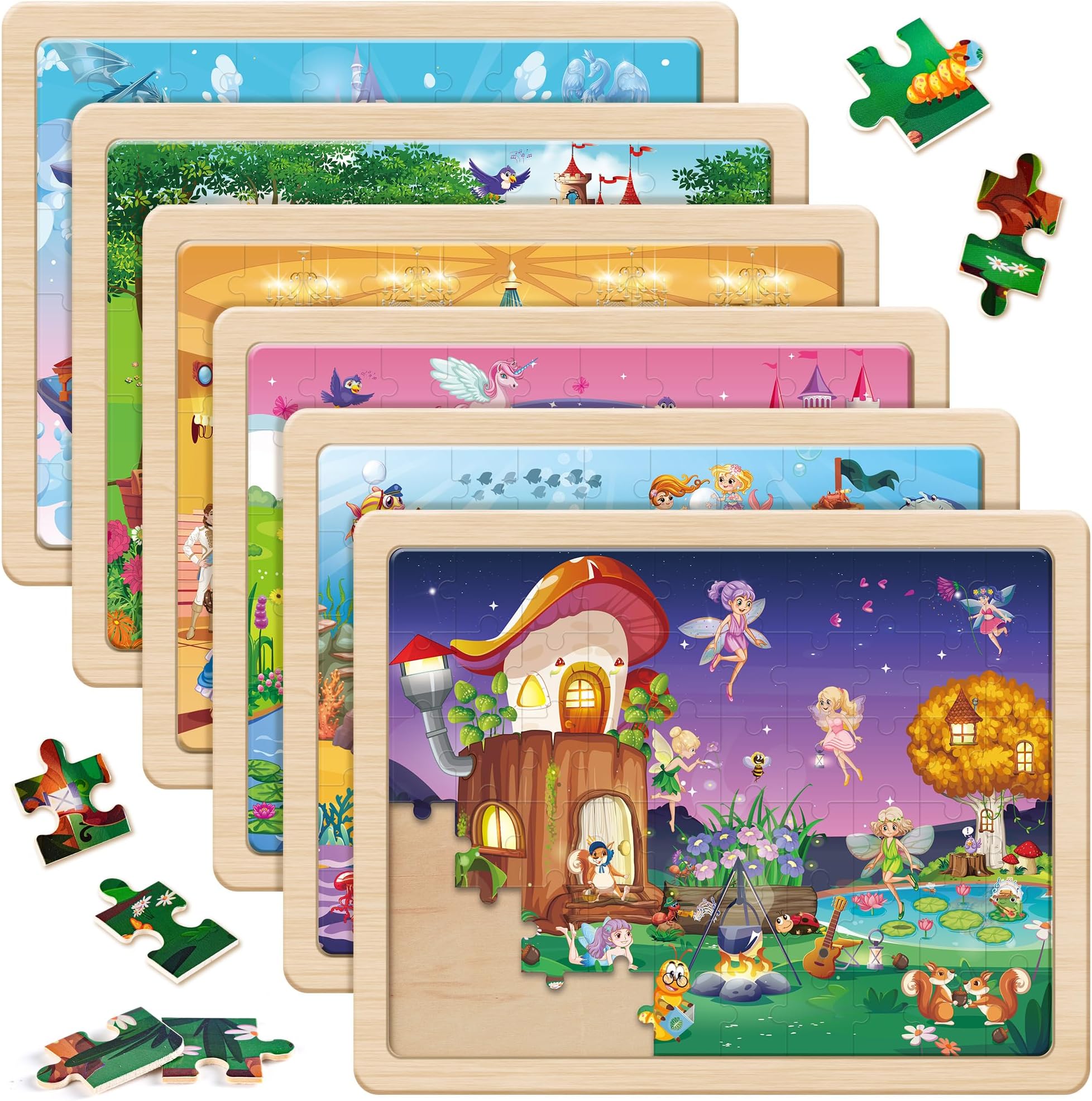 SYNARRY Unicorn Mermaid Princess Fairy Wooden Puzzles for Kids Ages 4-6, 6 Packs 60 PCs Jigsaw Puzzles for Kids Ages 4-8, Preschool Toys Gifts for Toddlers 3-5, Wood Puzzles for 3 4 5 6 Year Old Girls