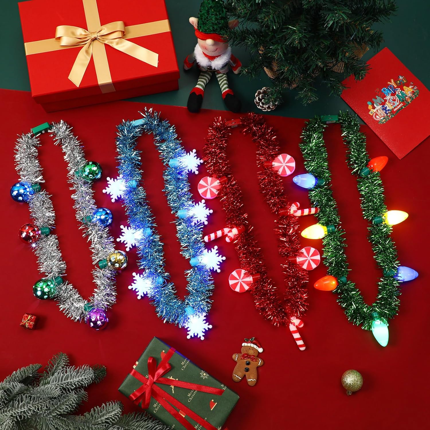 NOVWANG 4PCS Light up Christmas Necklace 3D Light Xmas Necklace 6 Dynamic Light Modes Colorful Bulbs Glow Candy Cane Colorful Disco Bulb Snowflakes for Kids Adults New Year Christmas Party - Image 4