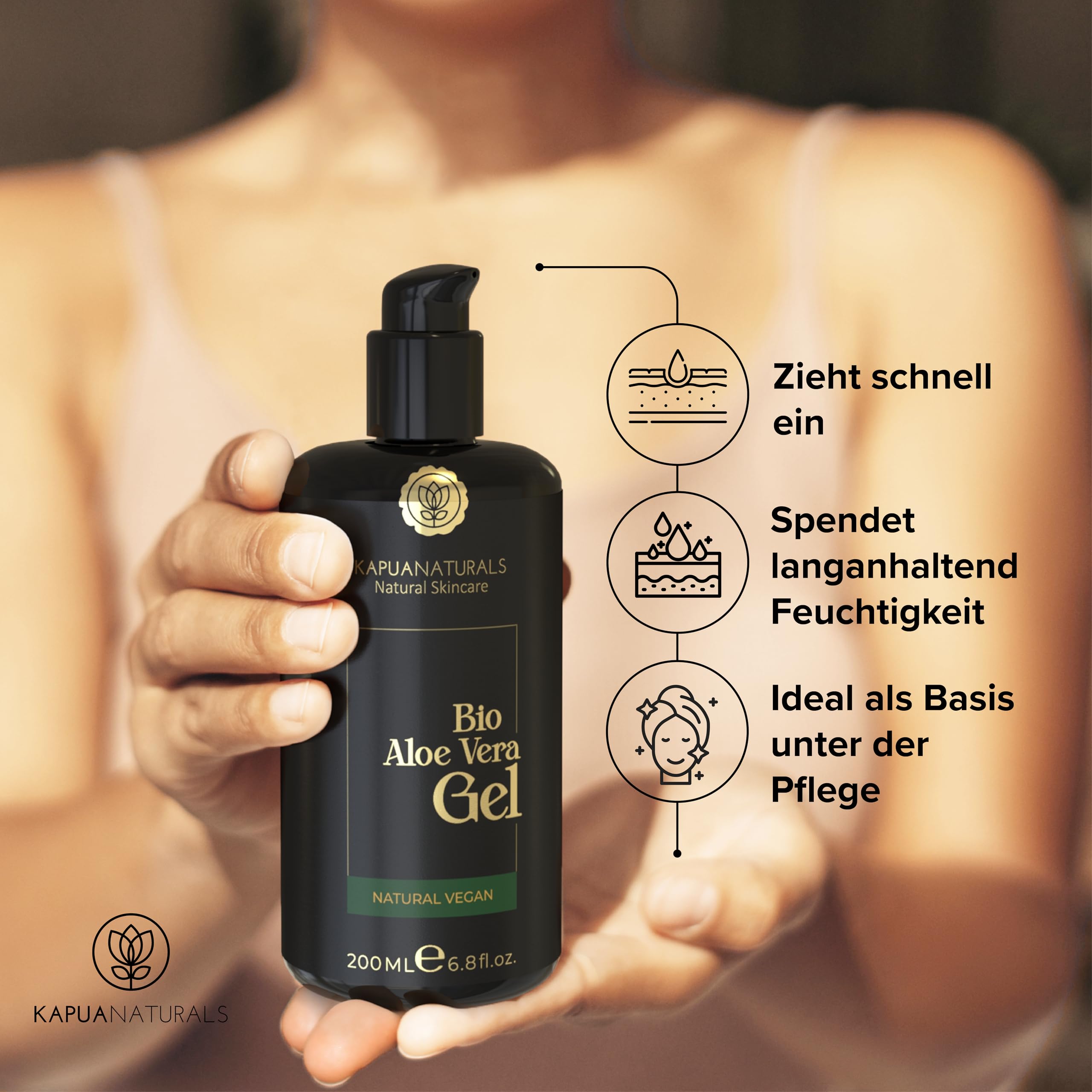 Żel Aloe Vera w 100% ekologiczny • 100% czysty sok z aloesu • z kwasem hialuronowym i pantenolem • wegański i bez substancji zapachowych • Czysty żel Aloe Vera do twarzy i ciała • Pielęgnacja po