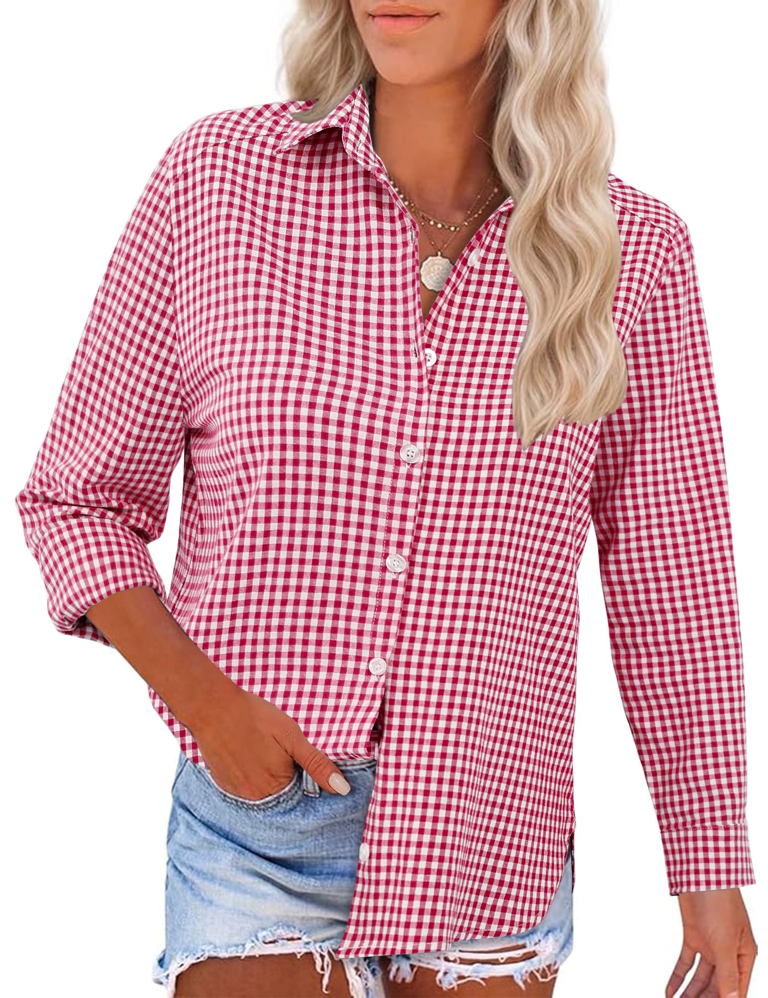 Rapbin Chemisier décontracté à manches longues pour femme - Col en V - Tunique ample - Haut élégant avec boutonnière