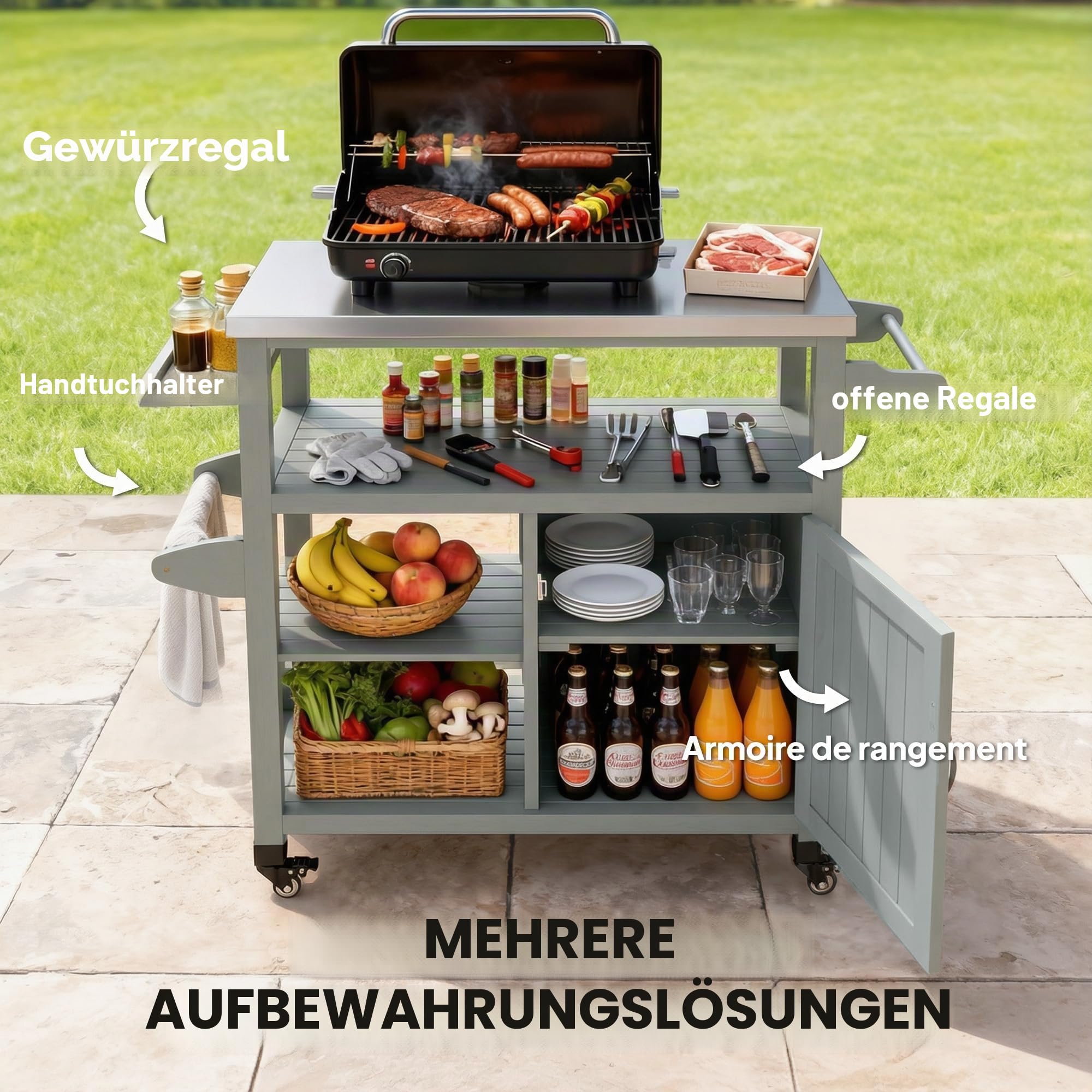 Outsunny Gartenwagen Grillwagen auf Rollen Kücheninsel aus Holz Edelstahlplatte Schrank offene Regale Gewürzhalter Handtuchhalter Flaschenöffner 107 x 49,5 x 92,5 cm grau