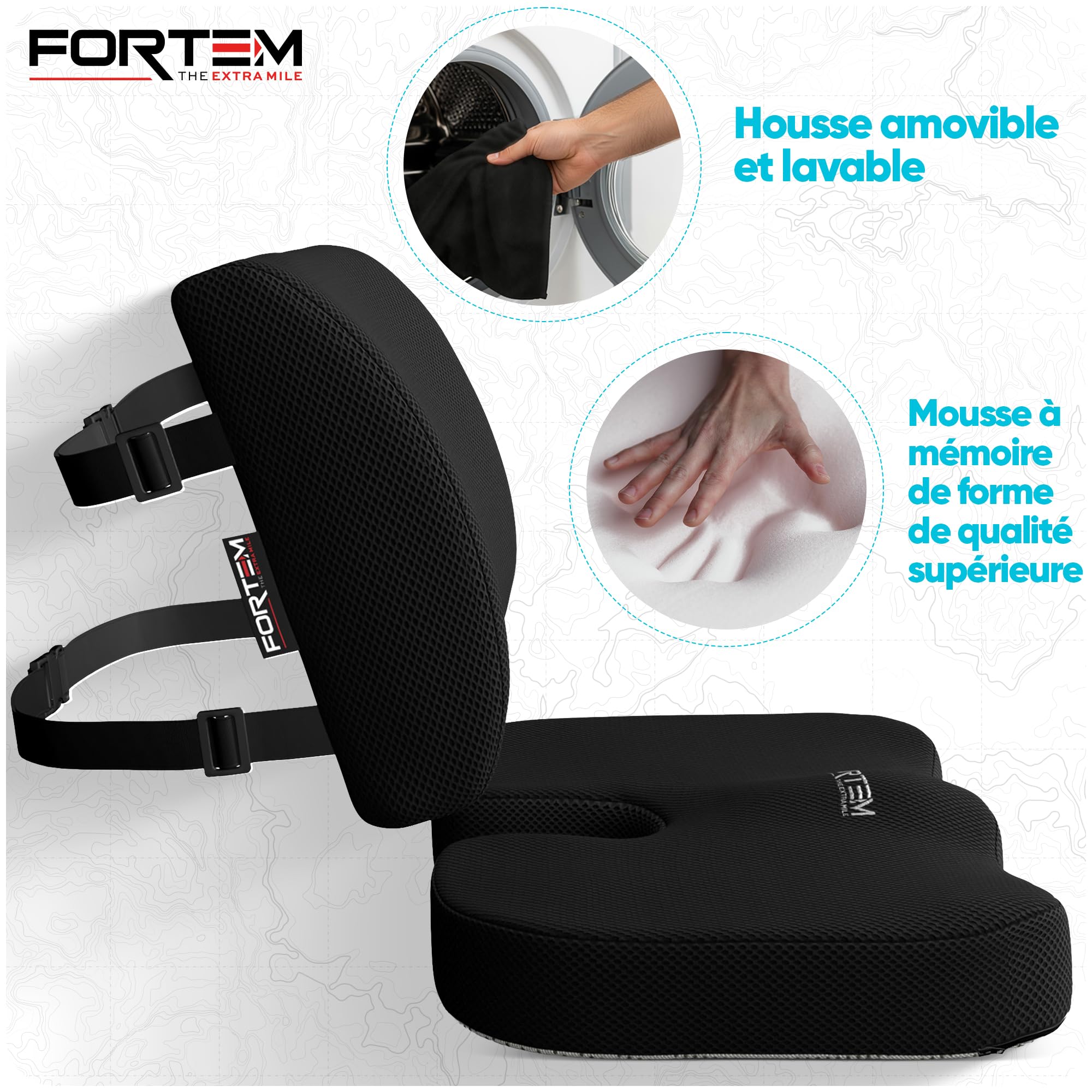 FORTEM Coussin Lombaire et d’Assise en Mousse à Mémoire de Forme, Antidérapant, pour Chaise de Bureau, Gaming et Siège Auto – Soutien Dos et Confort Prolongé
