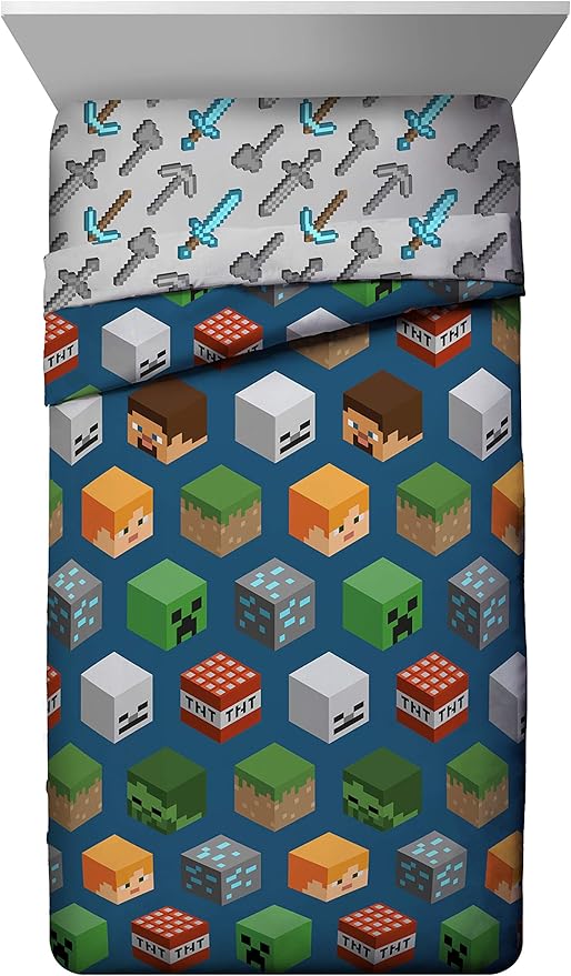Jay Franco Kids Comforter - Super Soft Reversible Bedding Polyester Microfiber Fill, Blue - Minecraft, Twin