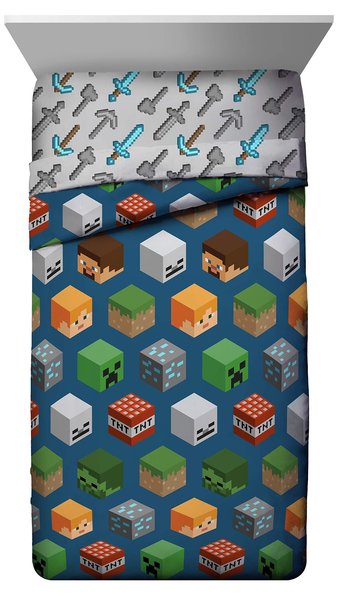 Jay Franco Kids Comforter - Super Soft Reversible Bedding Polyester Microfiber Fill, Blue - Minecraft, Twin