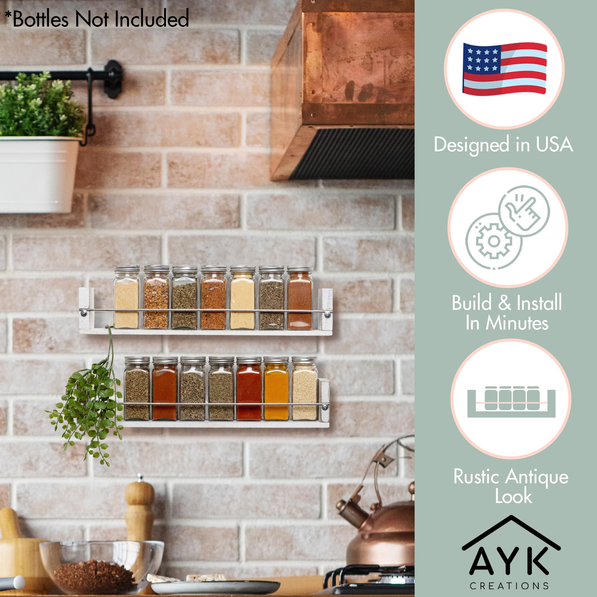 Farmhouse Kitchen Decor Wandmontiertes Gewürzregal mit 2 Ablagen in gewaschenem Weiß – Farmhouse Gewürzregal – Gewürzregal aus Holz – Gewürzregal aus Holz – Gewürzregal aus Holz