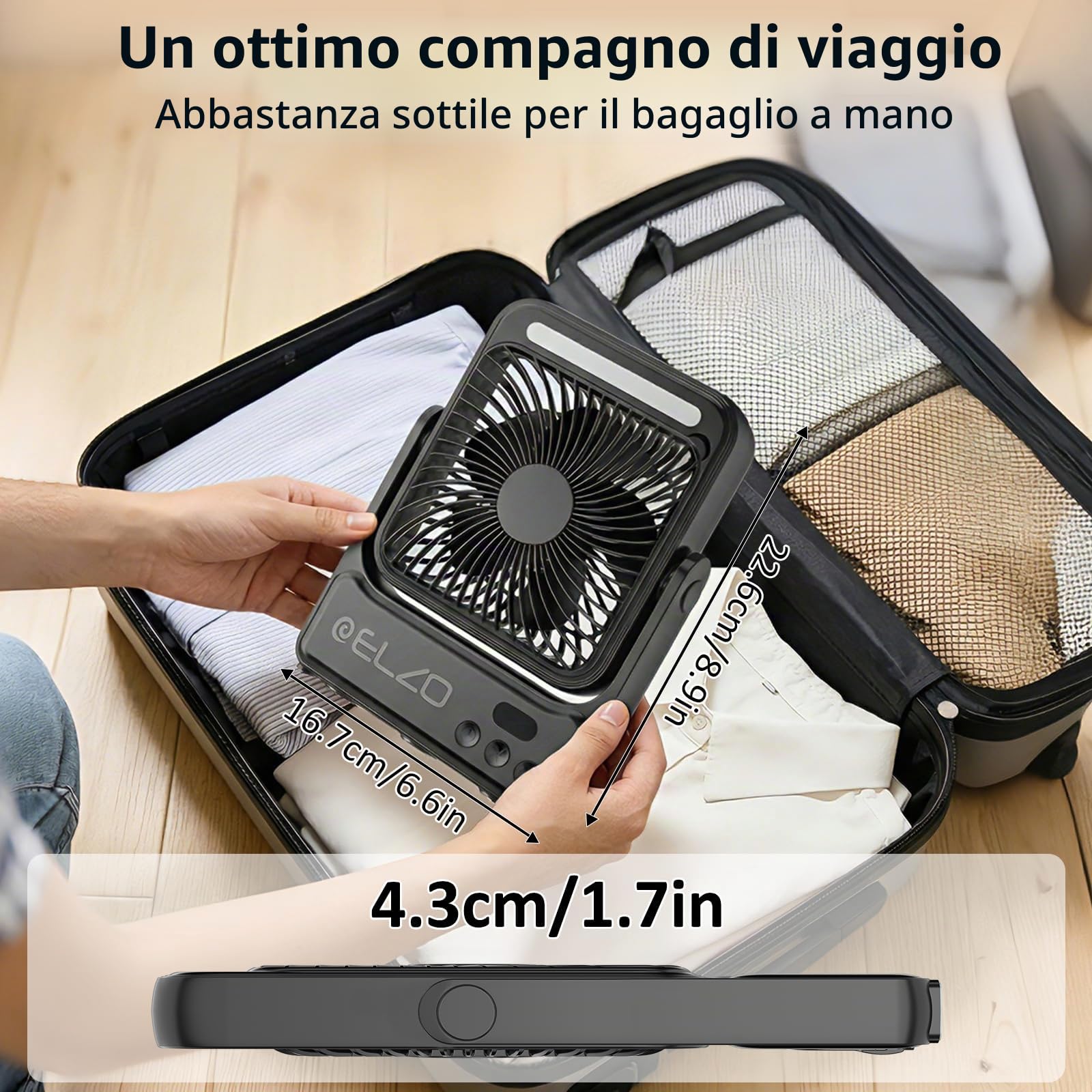 Ventilatore da viaggio magnetico ELZO da 10000 mAh per cabina di nave da crociera con luce notturna, portatile ricaricabile aggiornato, 4 velocità con gancio, essenziali approvati per crociera 2026
