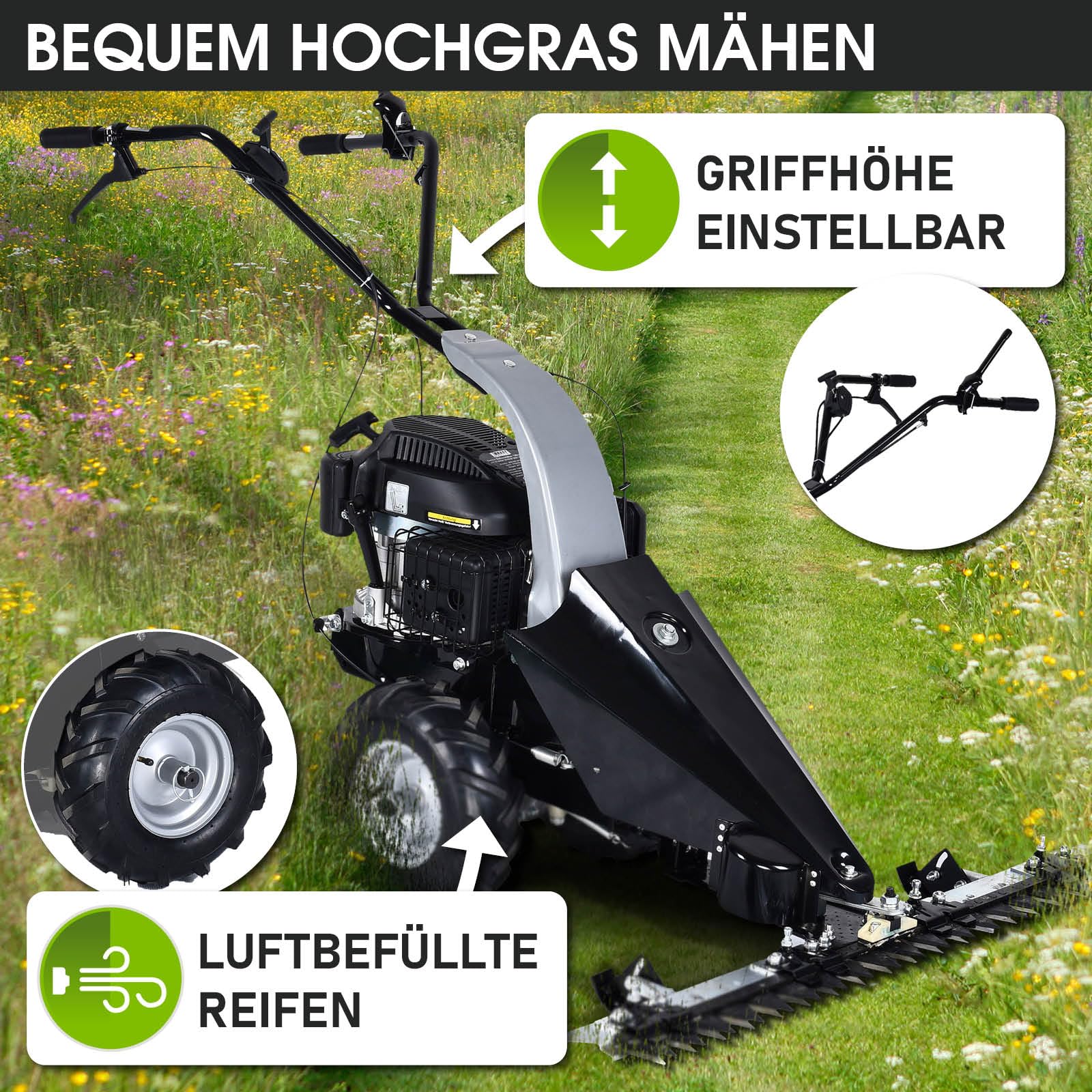 BRAST® Balkenmäher Benzin 3,5kW(4,8PS) mit Antrieb Schnittbreite 97cm Luft-Bereifung mit Geländeprofil Rasenmäher Hochgrasmäher Wiesen-Mäher 196ccm