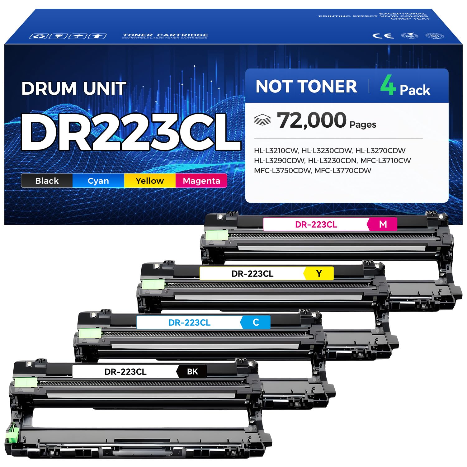 DR223CL Drum Unit Set 4-Pack High Yield Printer Replacement Compatible for Brother DR223 DR-223CL Imaging Drum HL-L3270CDW HL-L3210CW MFC-L3770CDW HL-L3290CDW MFC-L3750CDW L3710CW L3230CDW L3230CDN