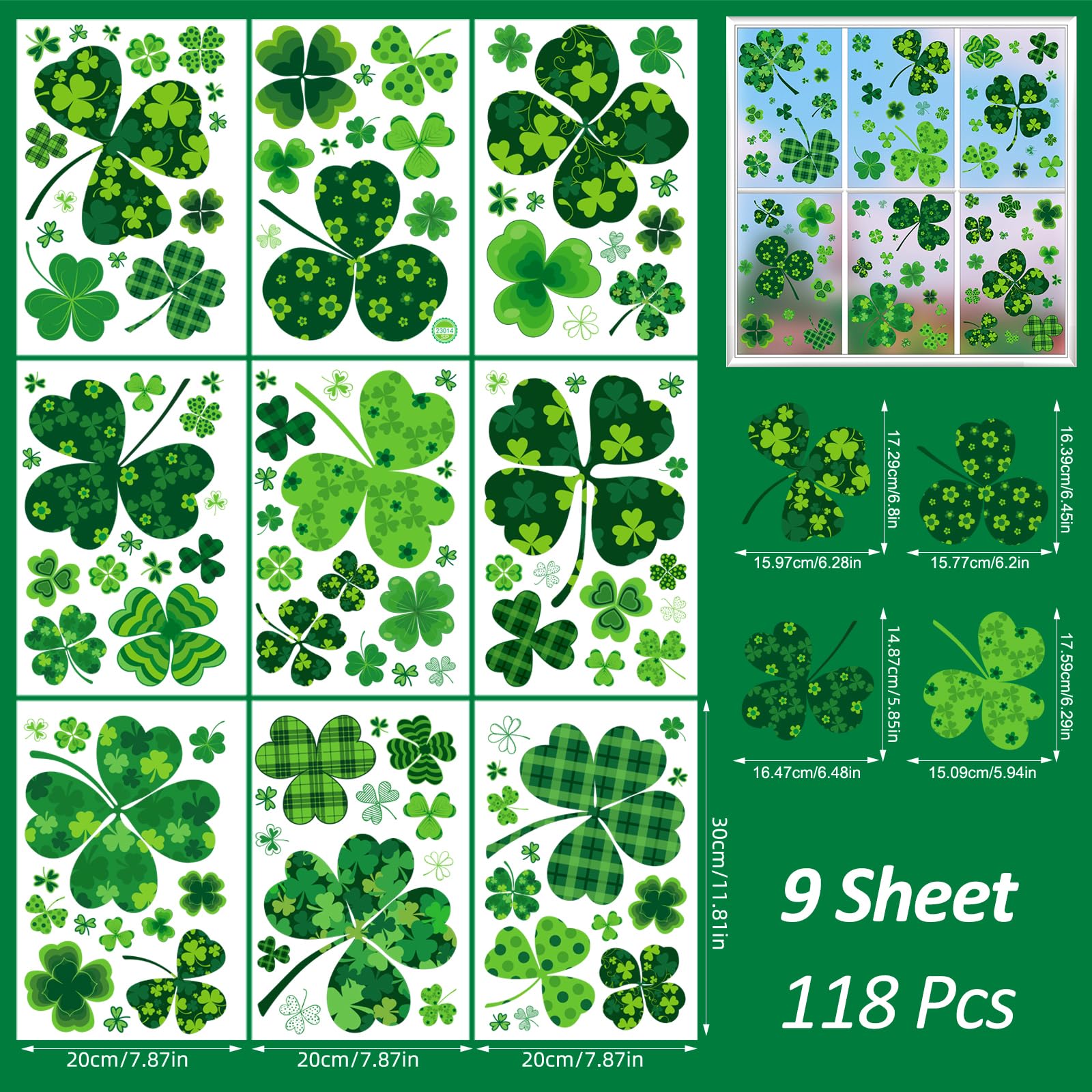JCFIRE St Patricks Day Decorations, 119 PCS Extra Large Shamrock Stickers Window Clings Decor, St Patricks Day Accessories, Reusable Saint Party Supplies for Home Office School