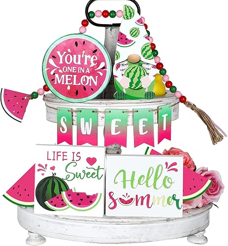 10 piezas de decoración de bandeja escalonada de verano de madera de granja, decoración de bandeja escalonada de limón, sandía, fresa, girasol,