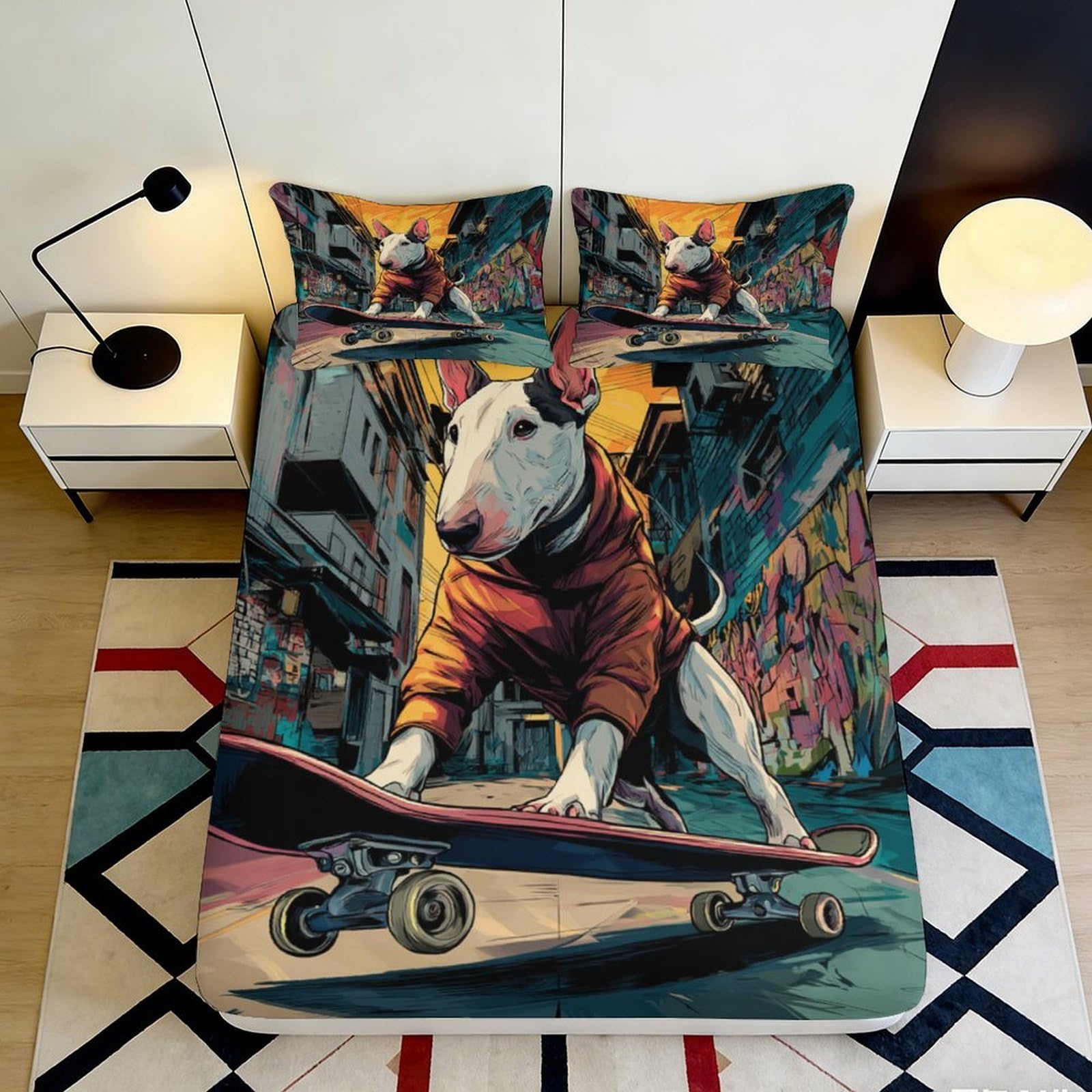 3D Printed Skateboard Dog Fitted Sheet Microfiber Urban Graffiti Mattress Cover Bedroom Dorm Protector Decor 90x200x25cm
