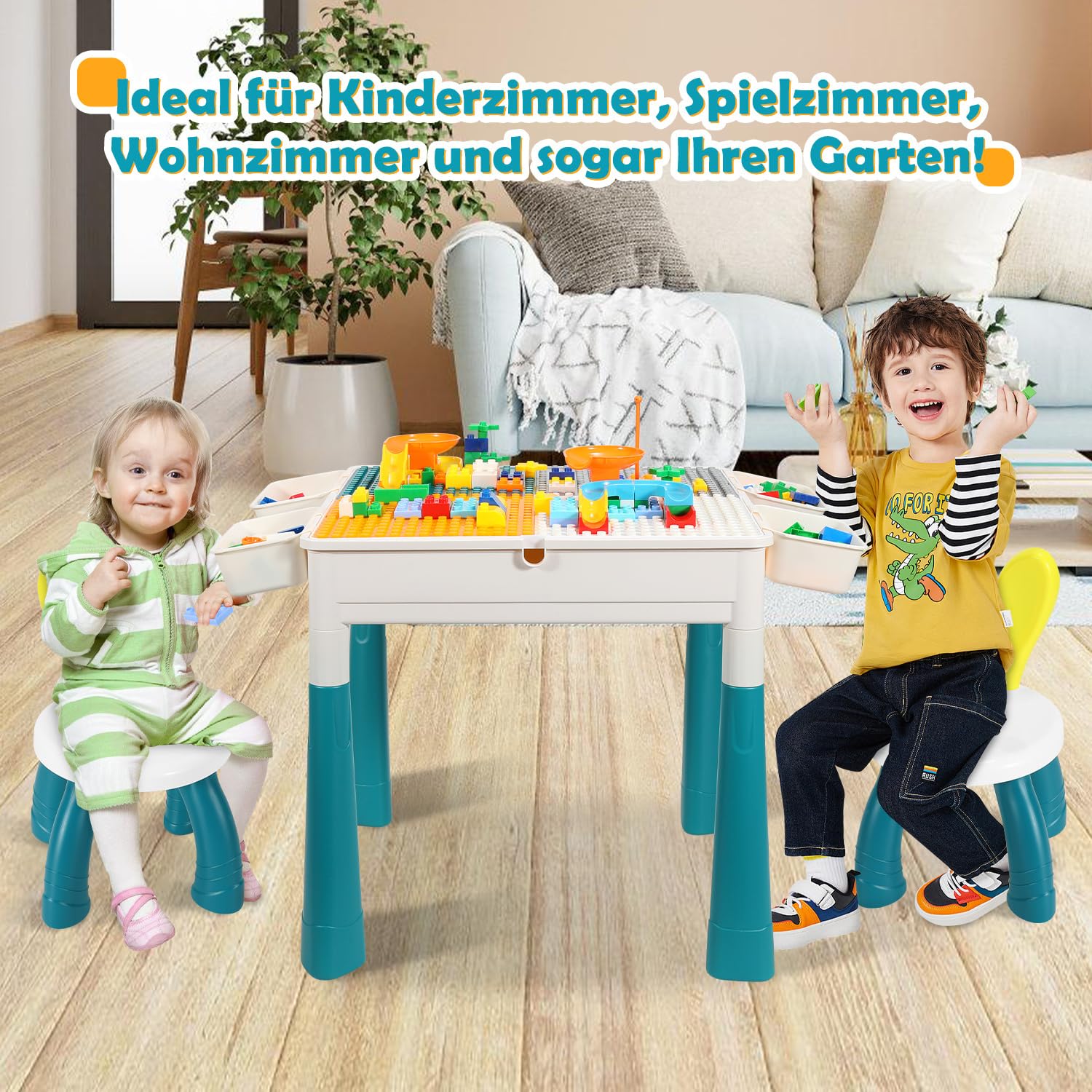 Kindertisch mit 2 Stühlen, Bausteintisch 2-in-1 mit Wendplatte, höhenverstellbar 44/51 cm, Spieltisch mit 4 Boxen und Innenfach, 251 Bausteine, Bastel- und Lerntisch, Weiß/Türkis