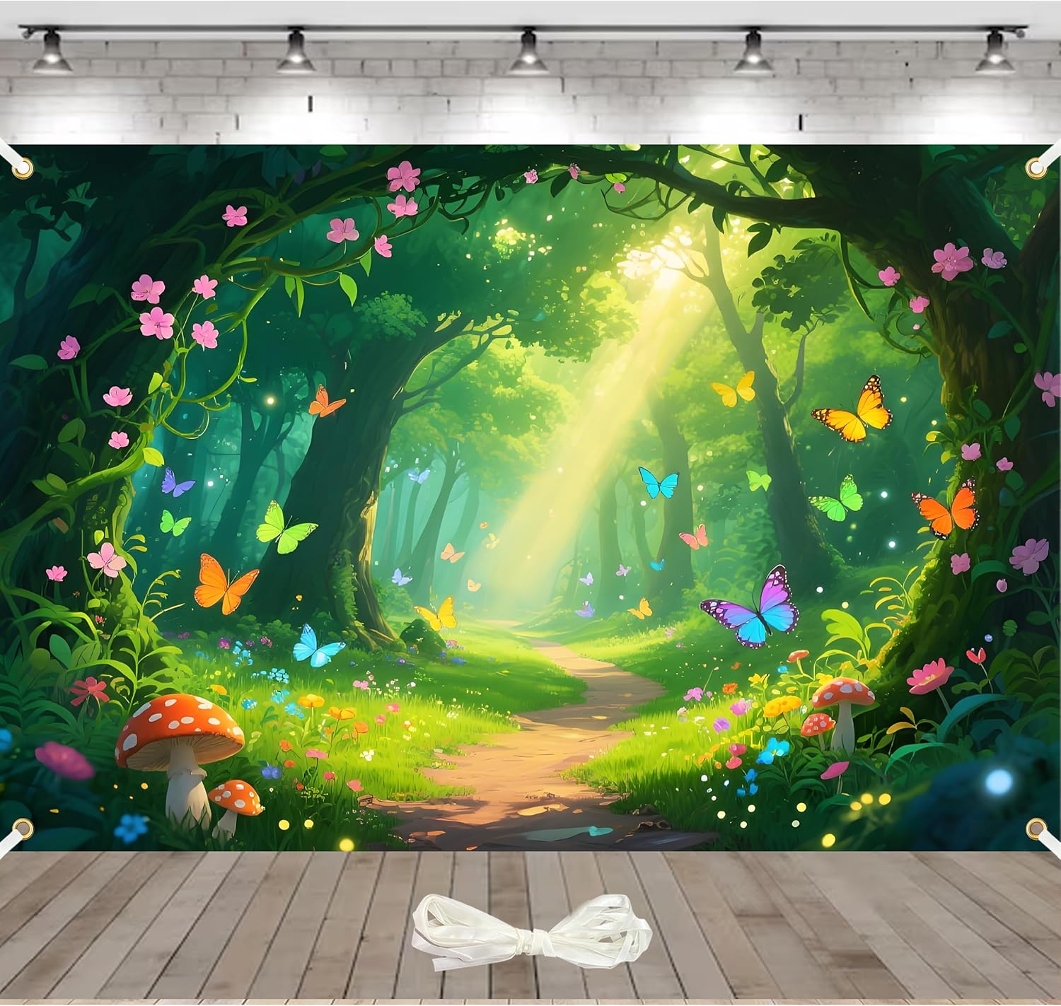 10x6.5ft Extra-Large Spring Enchanted Forest Backdrop Fairy Tale Wonderland Garden Backdrops for Photoshoot Mushroom Butterfly Woodland Fairy Party Decorations with 32.8 ft Ribbon