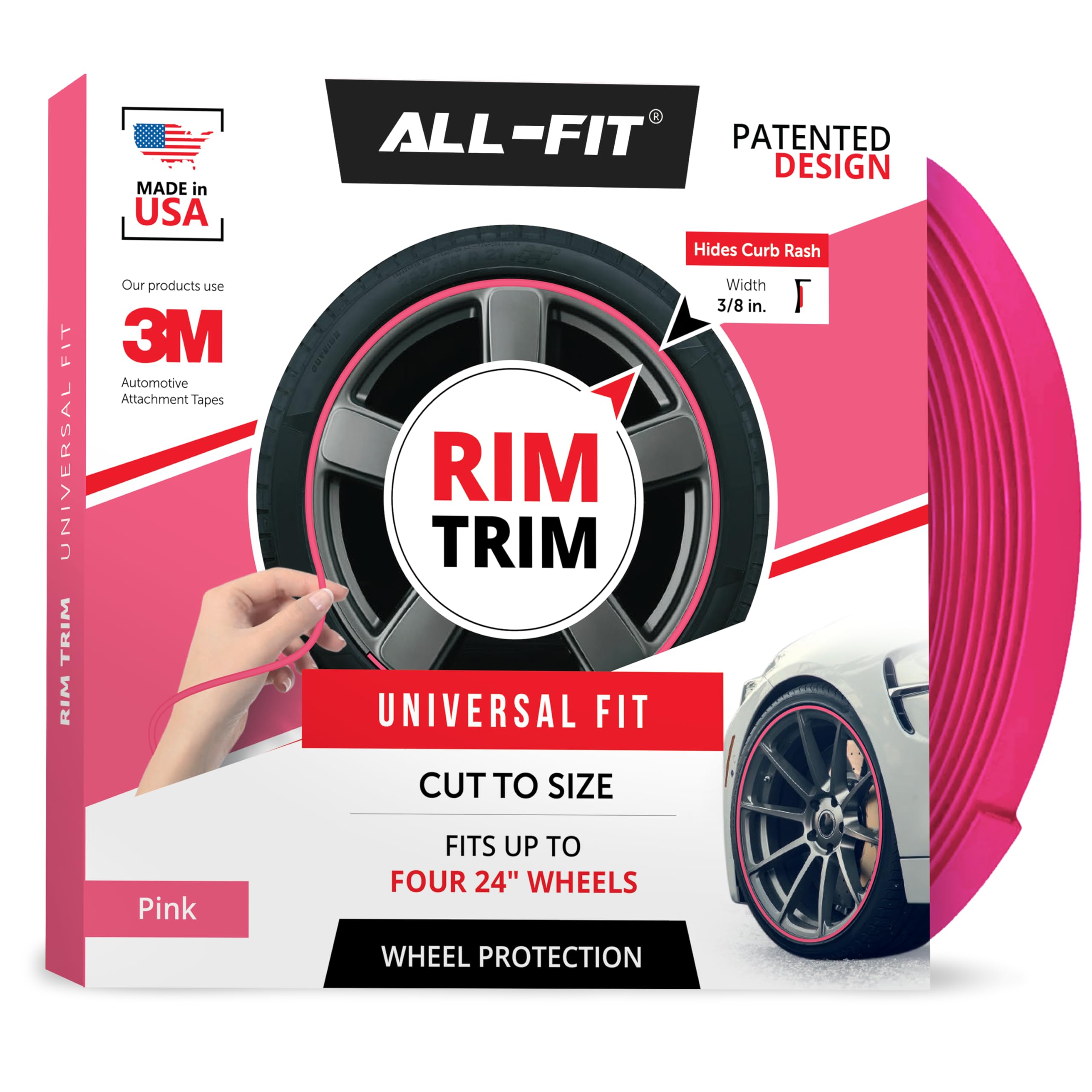 All-Fit Automotive Rim Trim – Durable DIY Car Exterior Accessories for Curb Rash Protection – Fits Up to Four 24” Wheels – Flexible, Durable Wheel Rim Protector (3/8″ width/Pink)