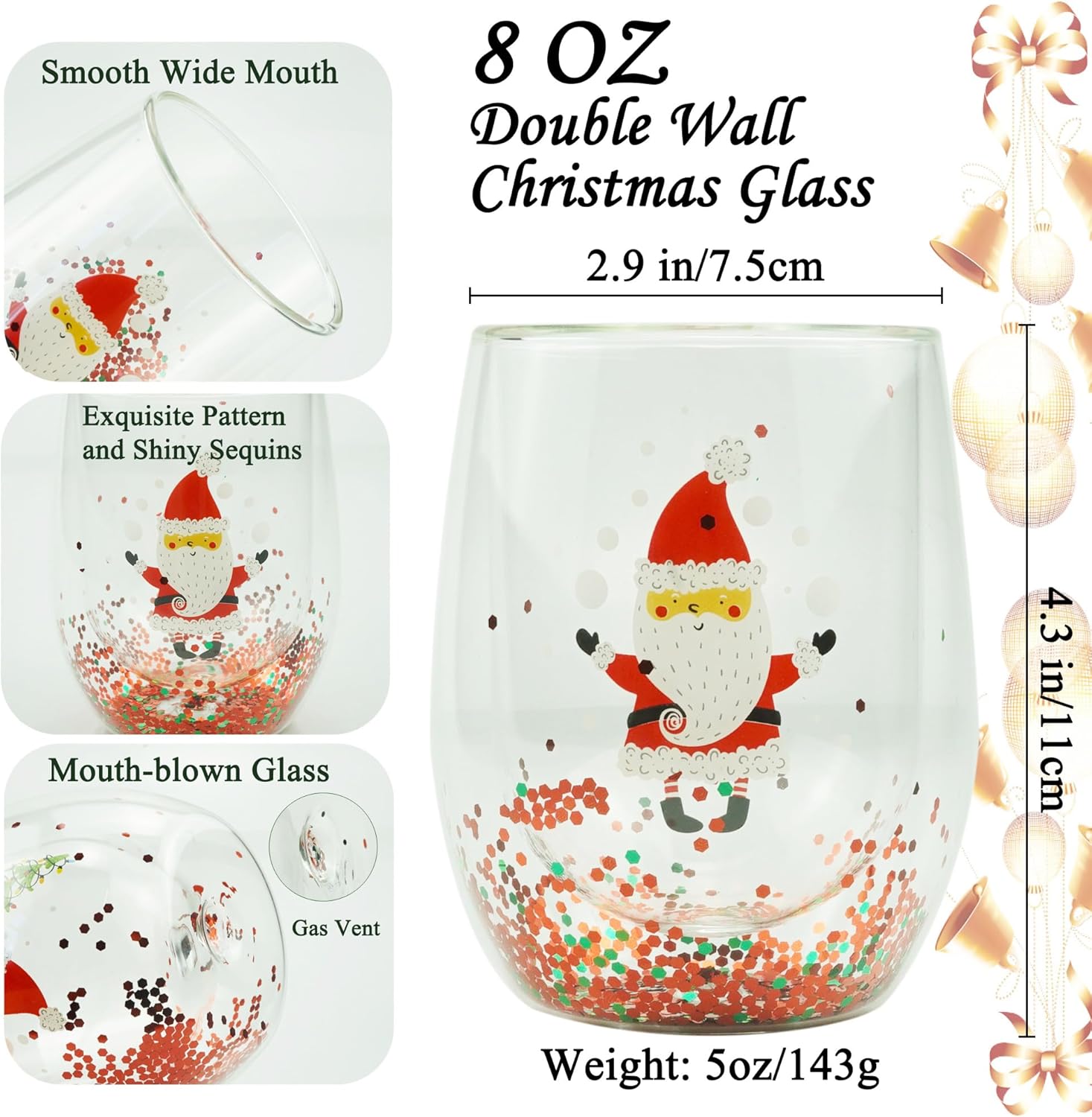 Christmas Mugs, 8 oz Double Wall Insulated Glass Coffee Mugs Set of 4, Cute Funny Mugs Coffee Cups for Cappuccino, Latte, Americano, Tea, Wine and Beverage - Image 2