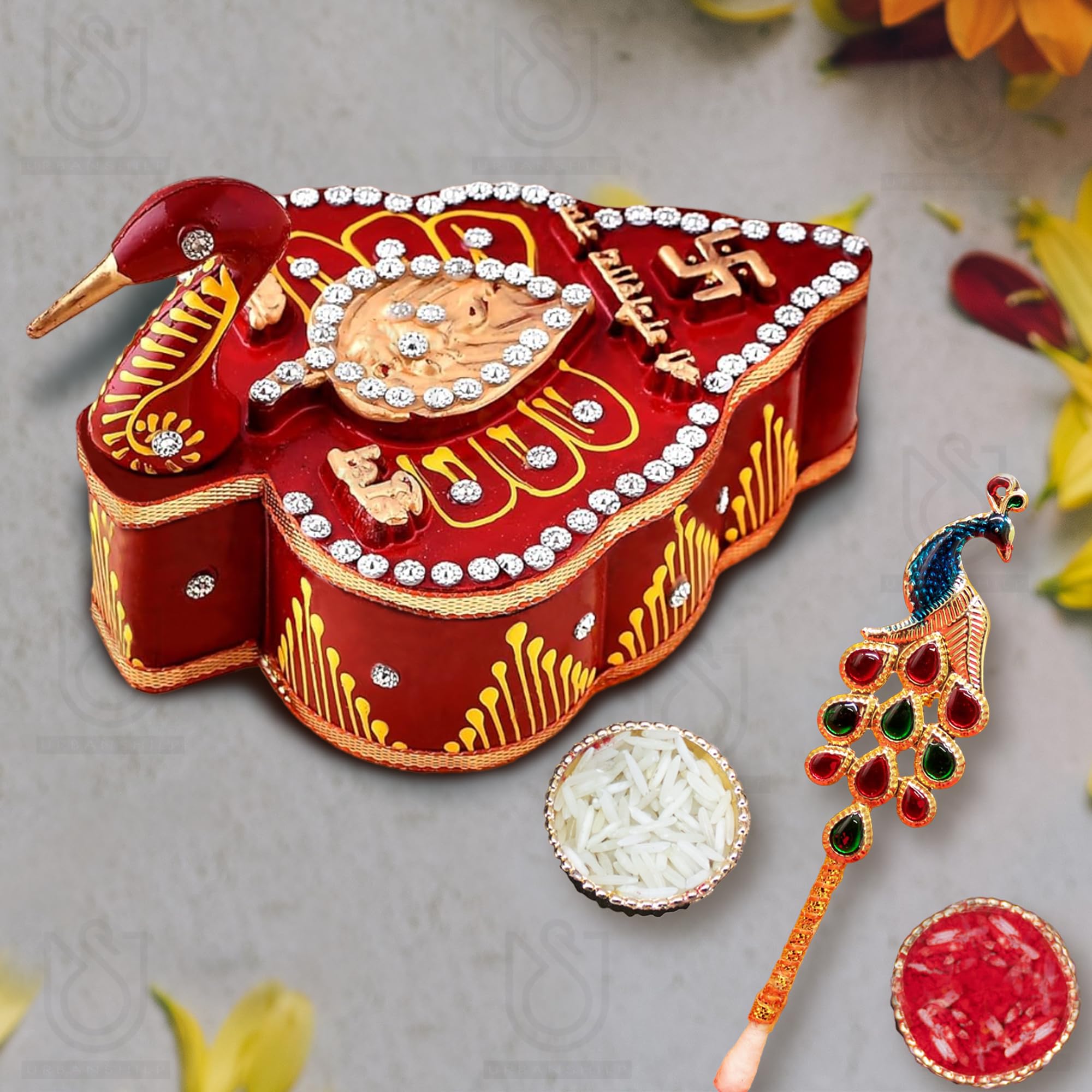 UrbanShilp Handicrafts Meenakari Work Tika Chopra in Peacock Shape with Roli Chawal and Tika Stick Wooden Chopda for Gift and Pooja Decorative Item (puja storage box) (B0CLVK44PL) Amazon Price History, Amazon Price Tracker