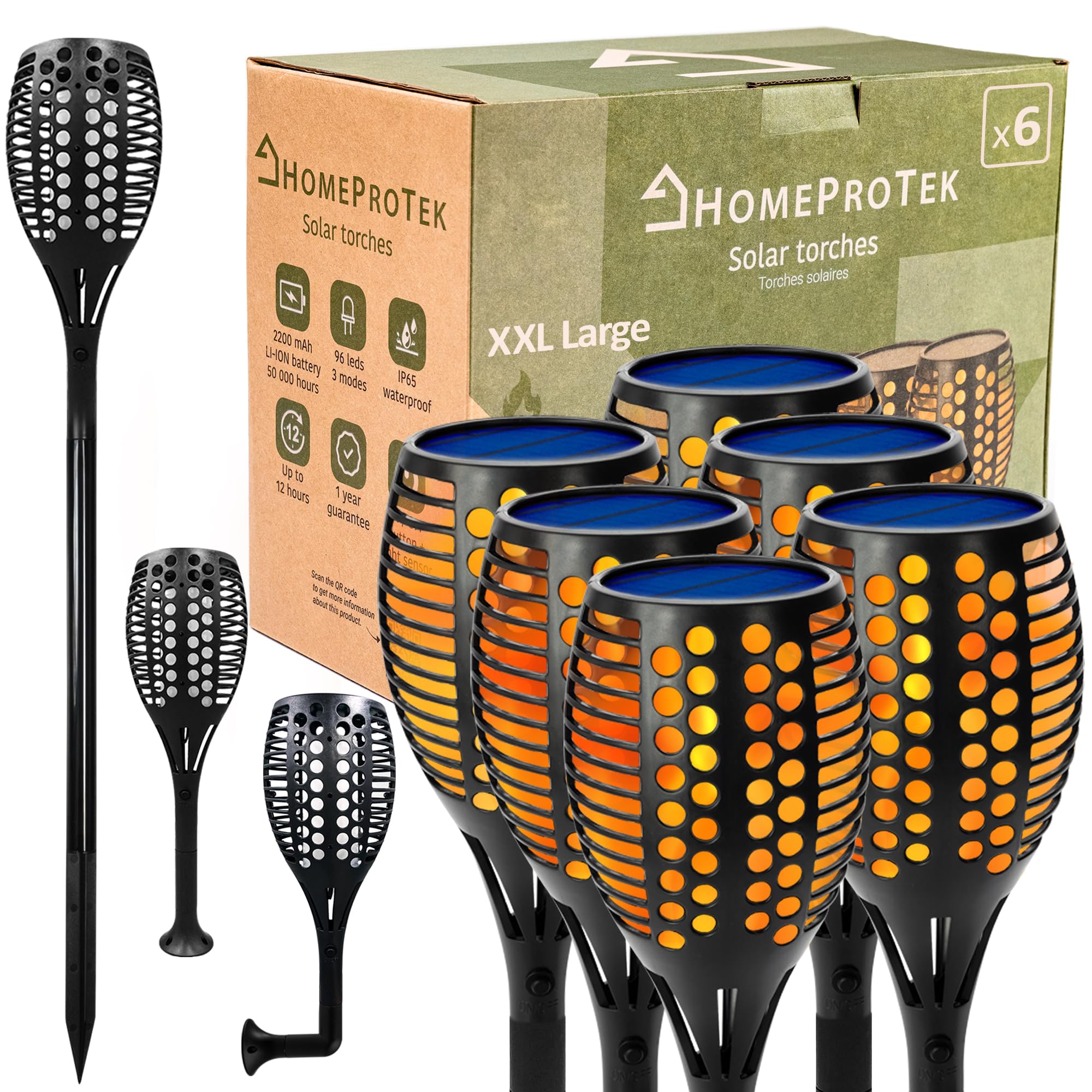 HOMEPROTEK 96 lamp solarnych LED, 6 szt., duże ogrodowe lampy solarne na zewnątrz, wodoodporne, IP65, efekt płomienia, solarne lampy ogrodowe, migoczące światła słoneczne, ogrodowe lampy solarne