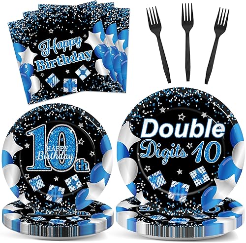 100 piezas de decoración de cumpleaños número 10 para niños y niñas, juego de servilletas de papel azul marino y negro, vajilla de cumpleaños de dos