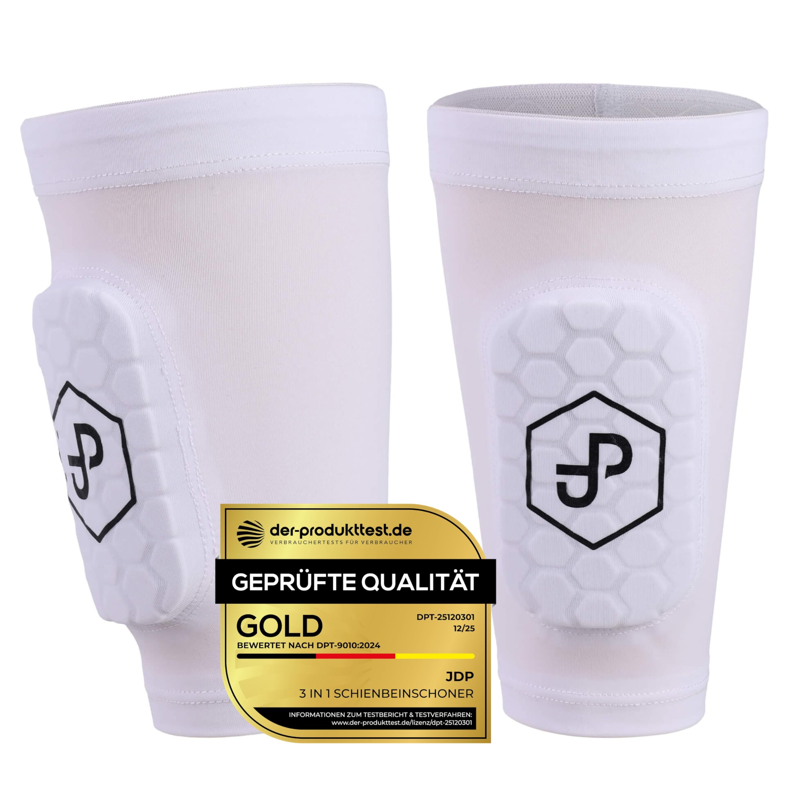 JDP Premium 3in1 Schienbeinschoner, Strumpf mit integriertem Schienbeinschoner Fußball Herren/Damen, Schienbein Schoner inkl. Fußballstutzen, Schienbeinschützer Fussball, Fußballschoner Größe L weiß