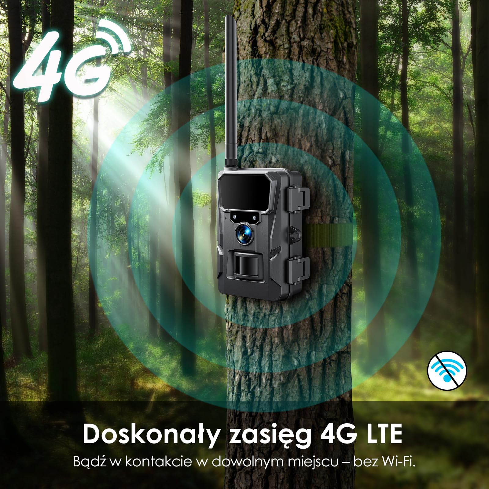 WOLFANG Komórkowa kamera przyrodnicza 4G LTE, połącz ogólnokrajową kamerę 4G LTE, 2K 48 MP z kontrolą aplikacji, super noktowizor, wyświetlacz 2'TFT, wyzwalacz 0,2 s, aktywowany ruchem, wodoodporna